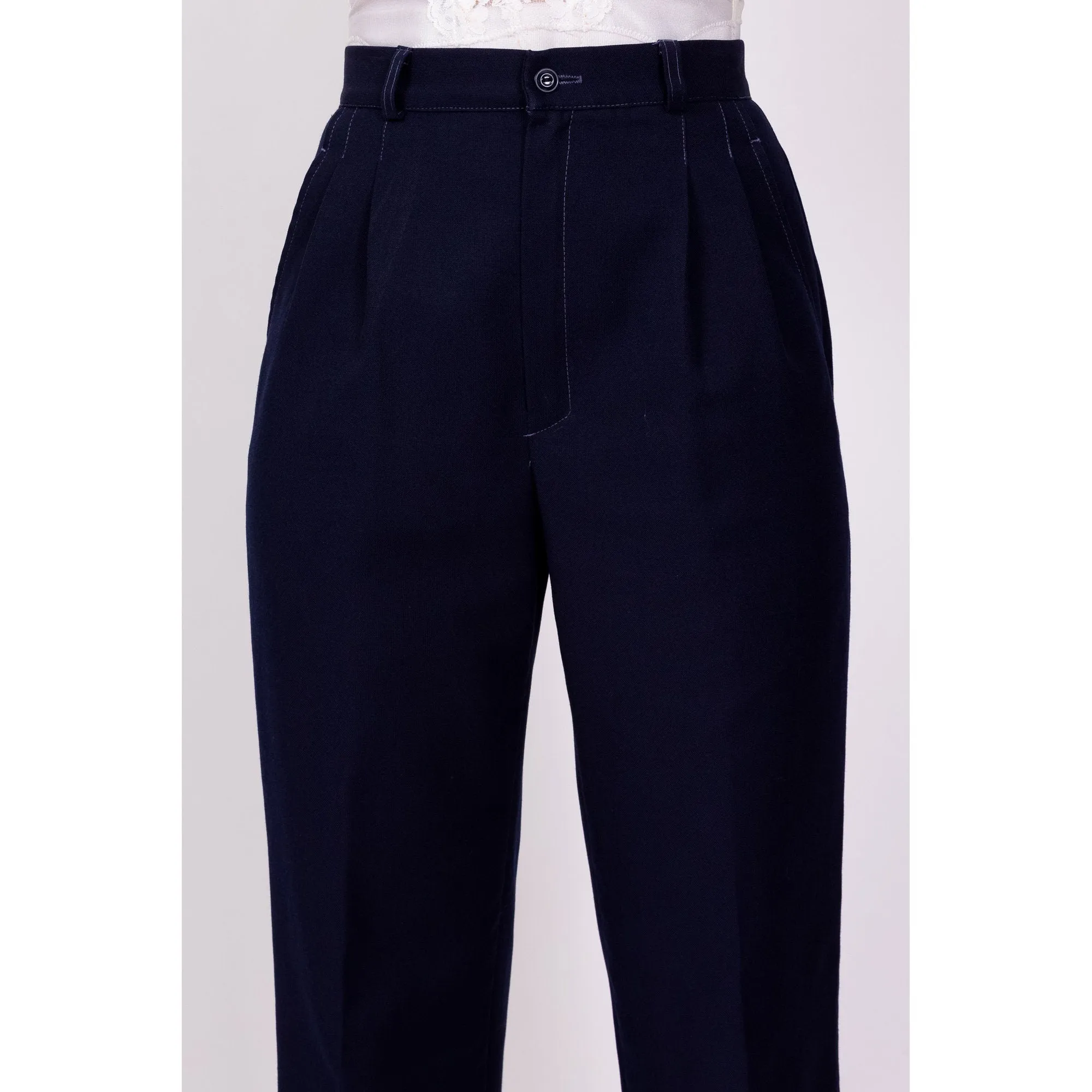 70s Navy Blue Pleated Trousers - Extra Small, 24"