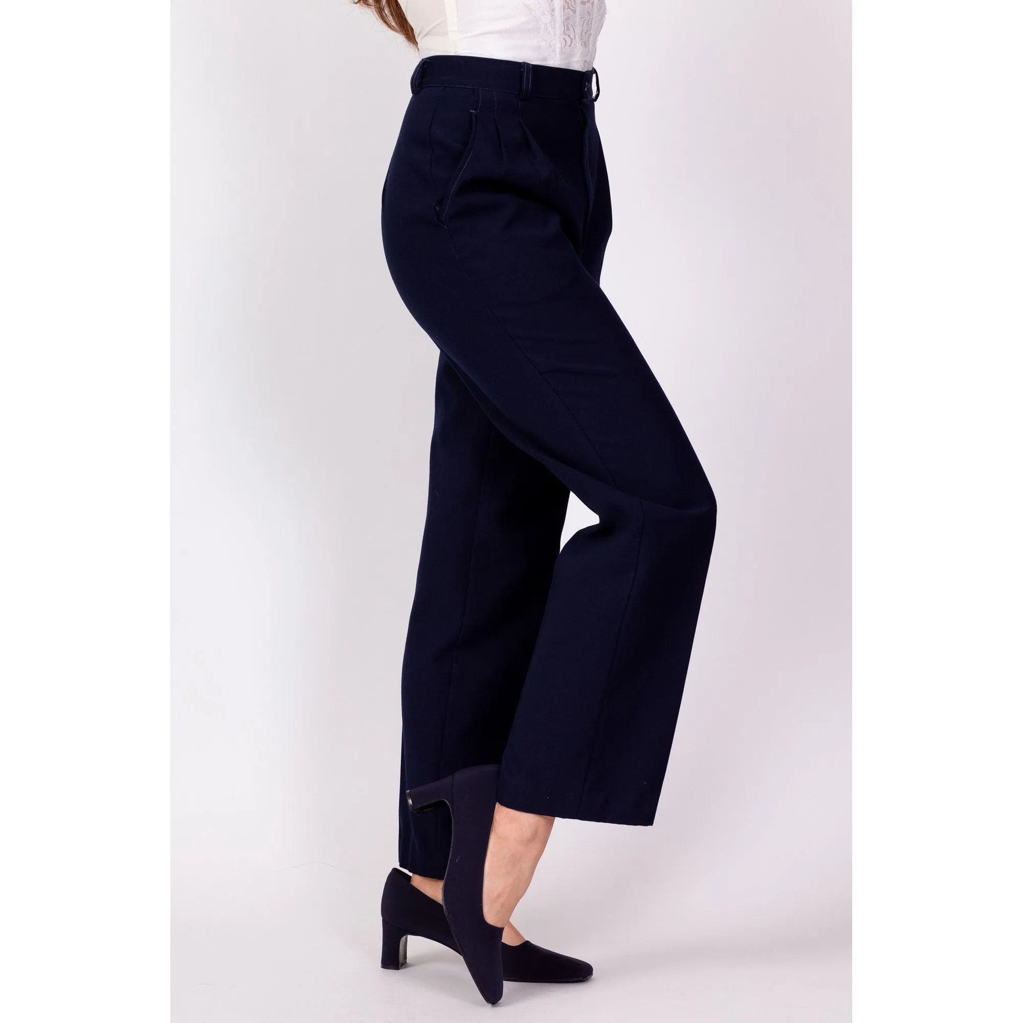 70s Navy Blue Pleated Trousers - Extra Small, 24"