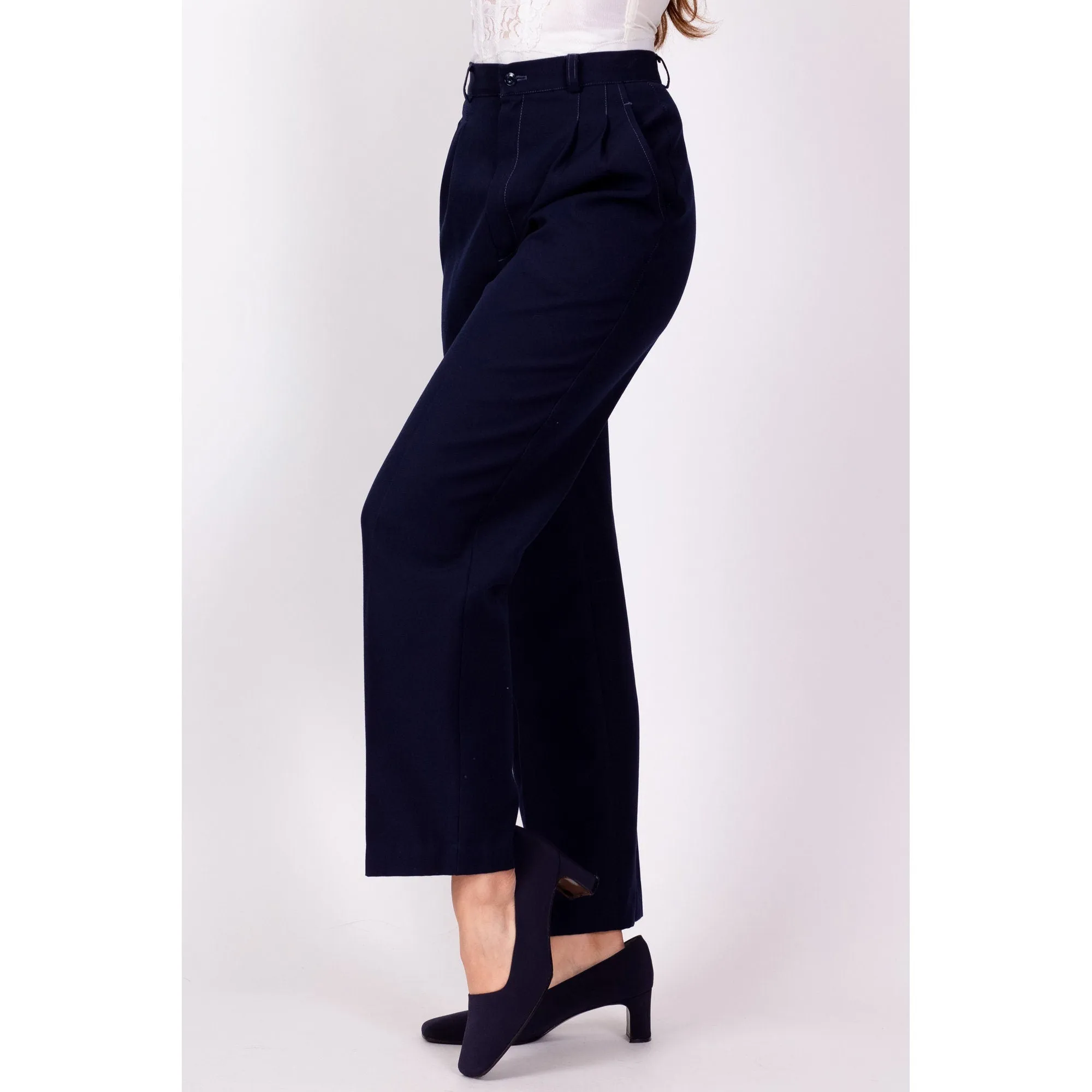 70s Navy Blue Pleated Trousers - Extra Small, 24"