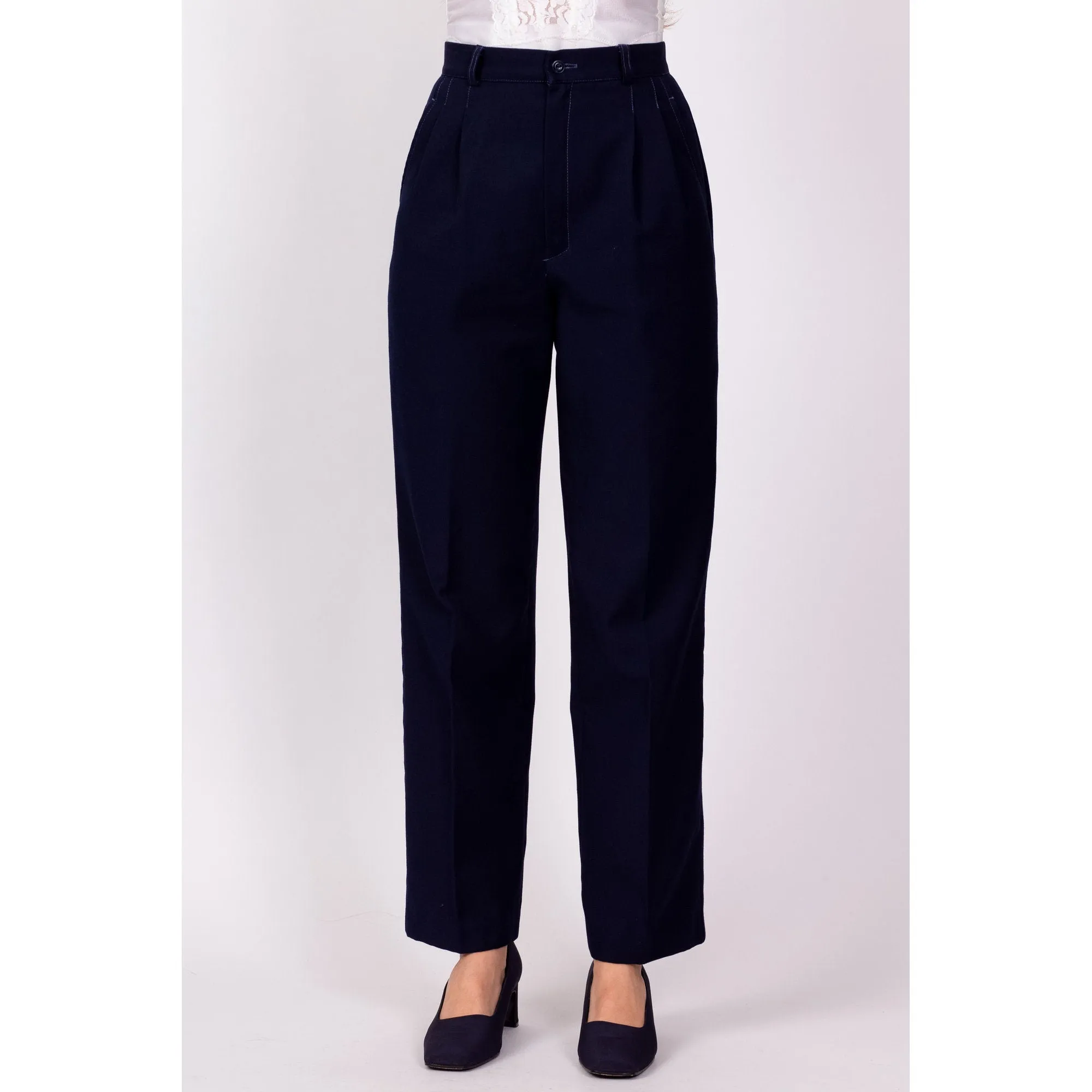 70s Navy Blue Pleated Trousers - Extra Small, 24"