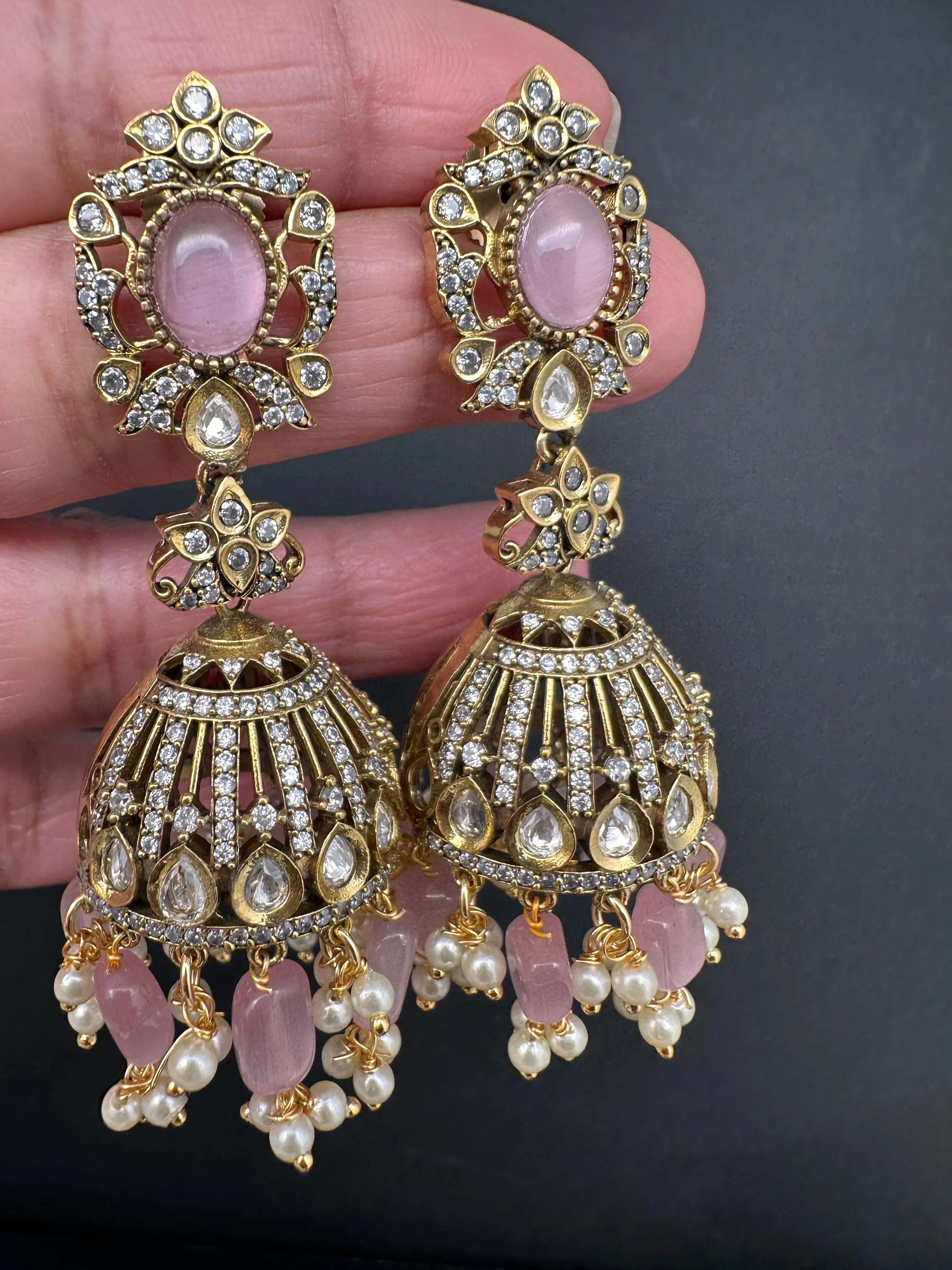 AD Color Stone Victorian Jhumkas