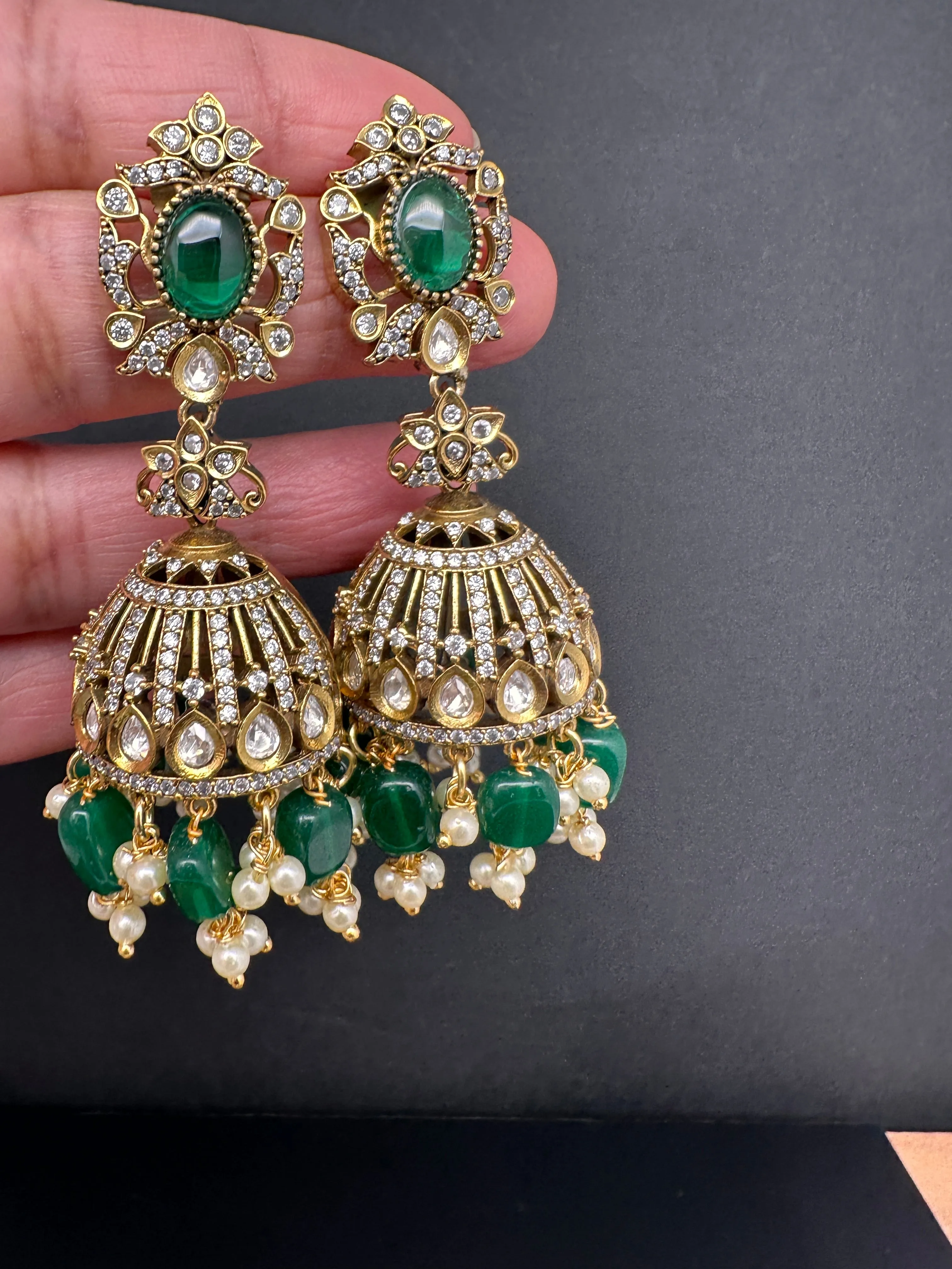 AD Color Stone Victorian Jhumkas