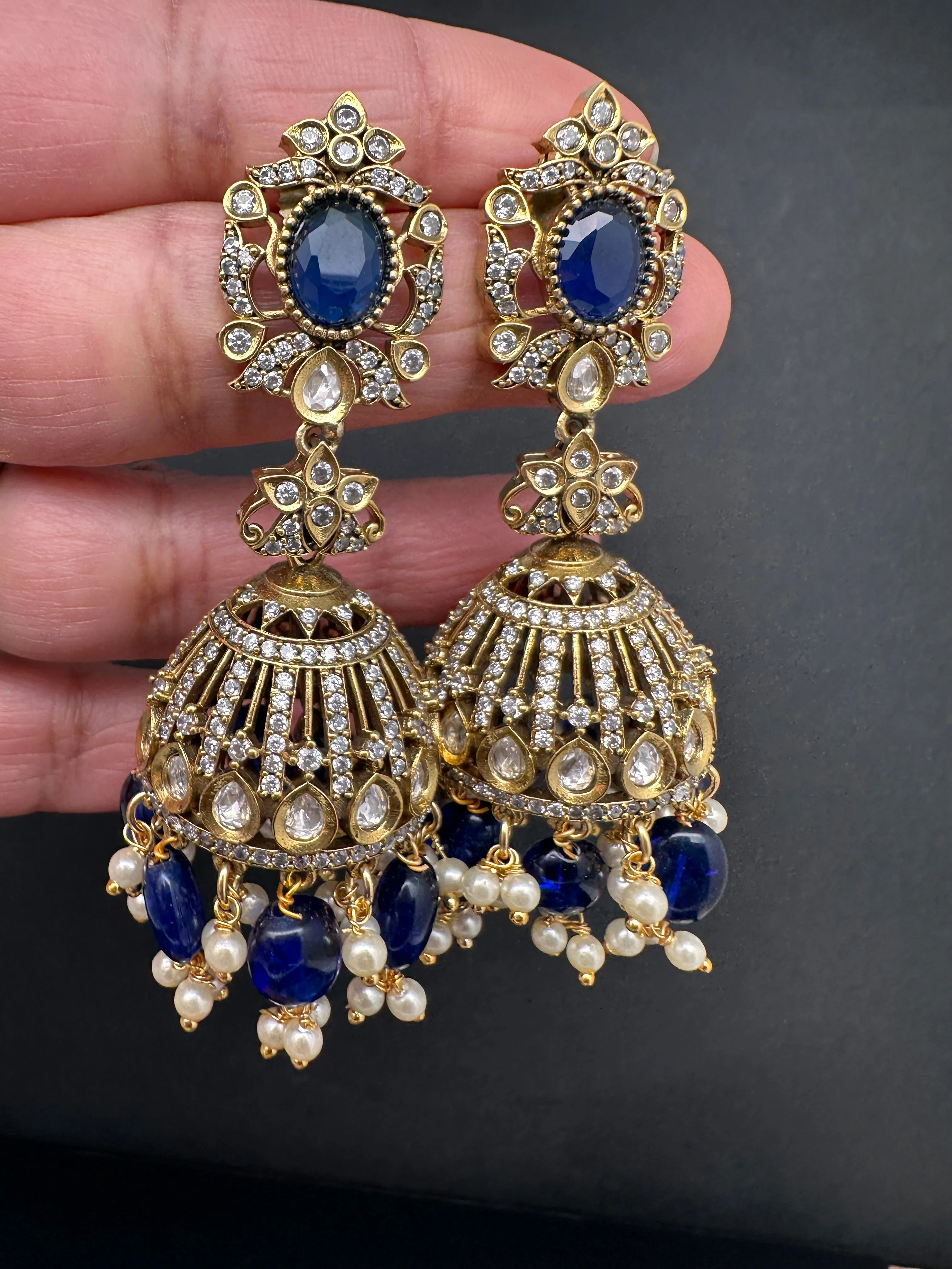 AD Color Stone Victorian Jhumkas