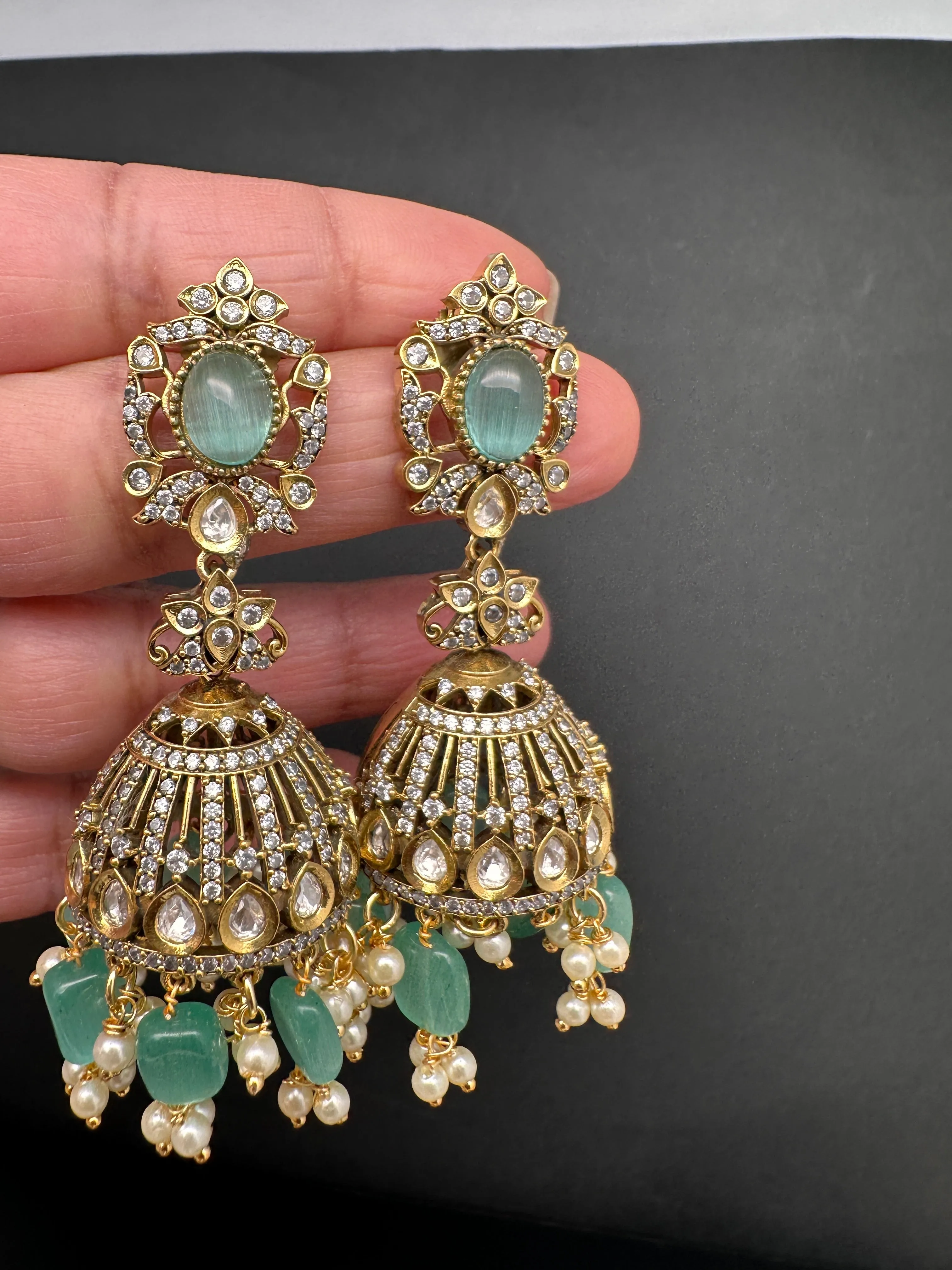 AD Color Stone Victorian Jhumkas
