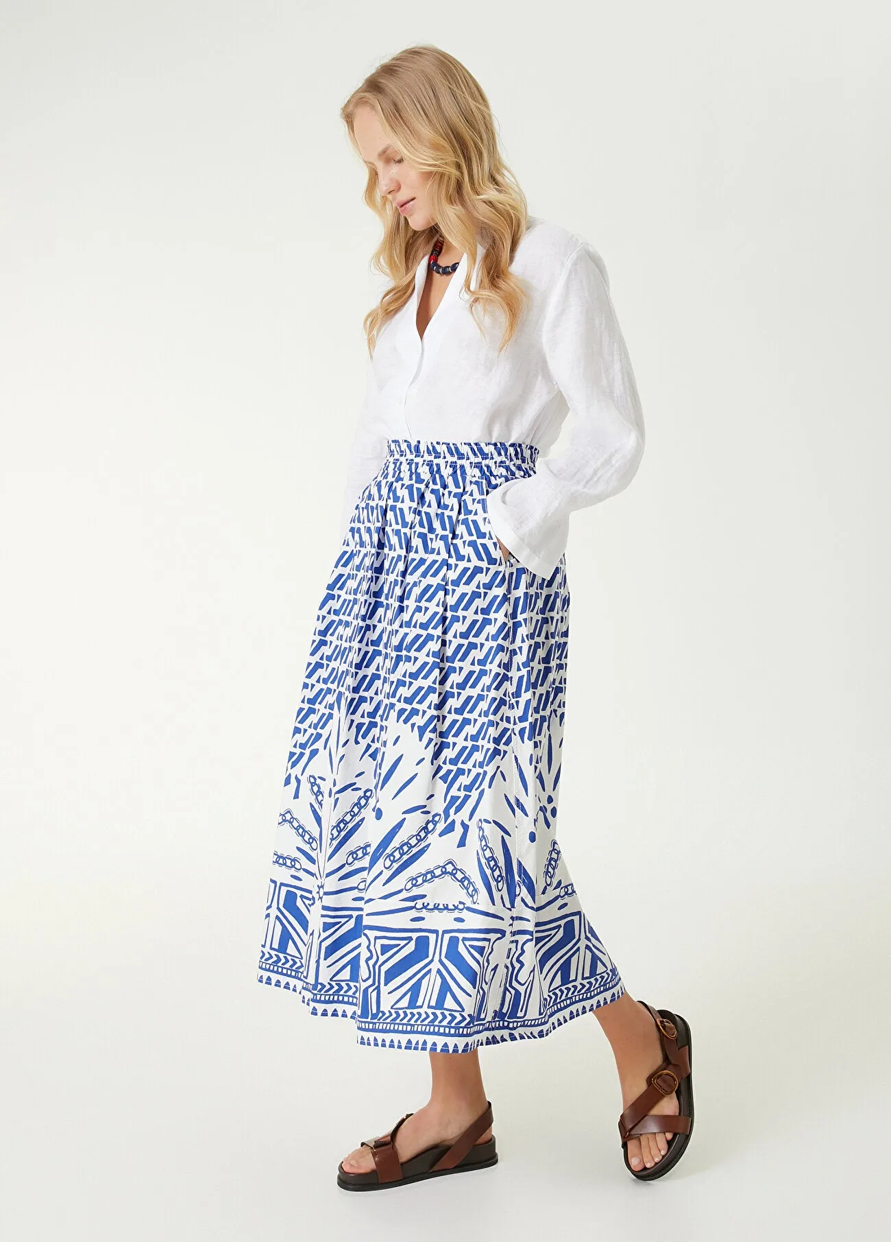 Beymen Club Patterned Midi Skirt Blue - White