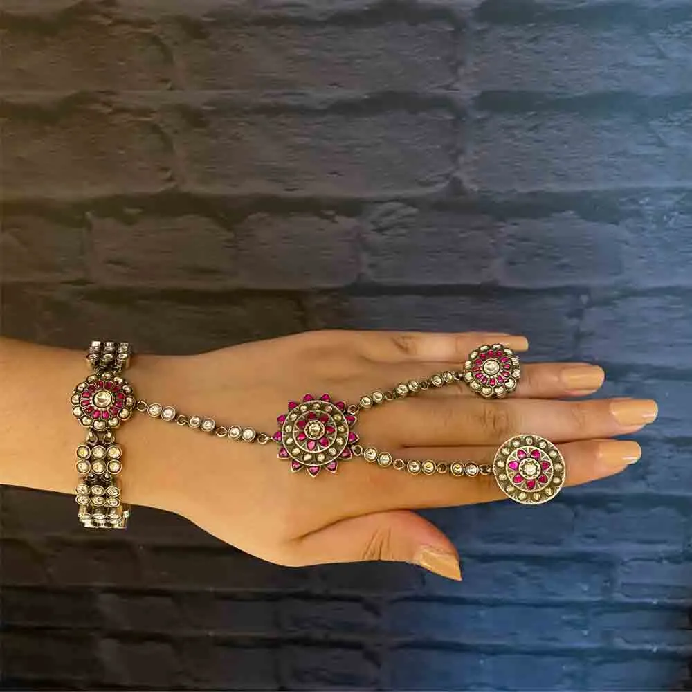Classic Zircon Hathphool With Ruby Stones