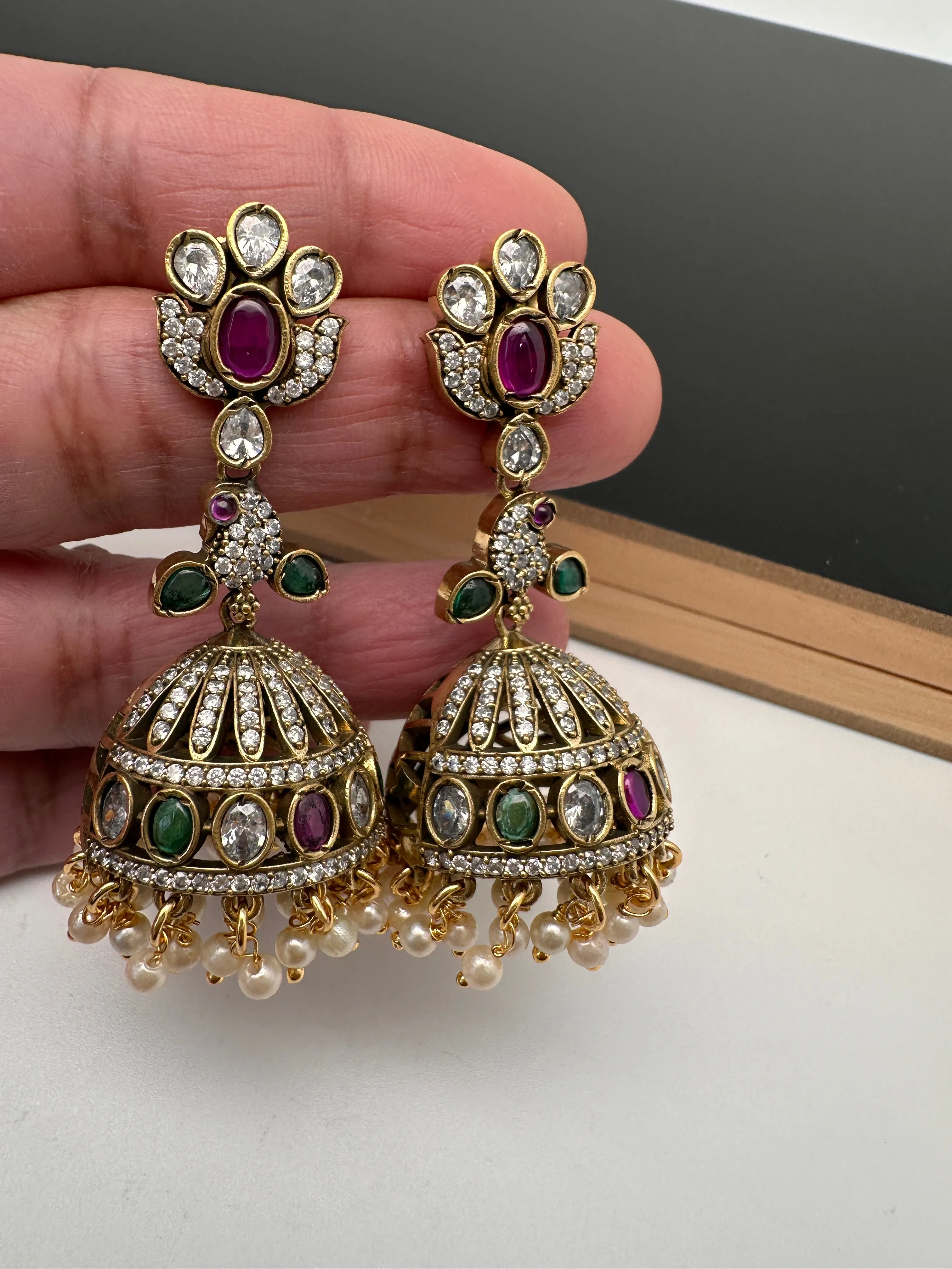 CZ Moissanite AD Peacock Victorian Jhumkas