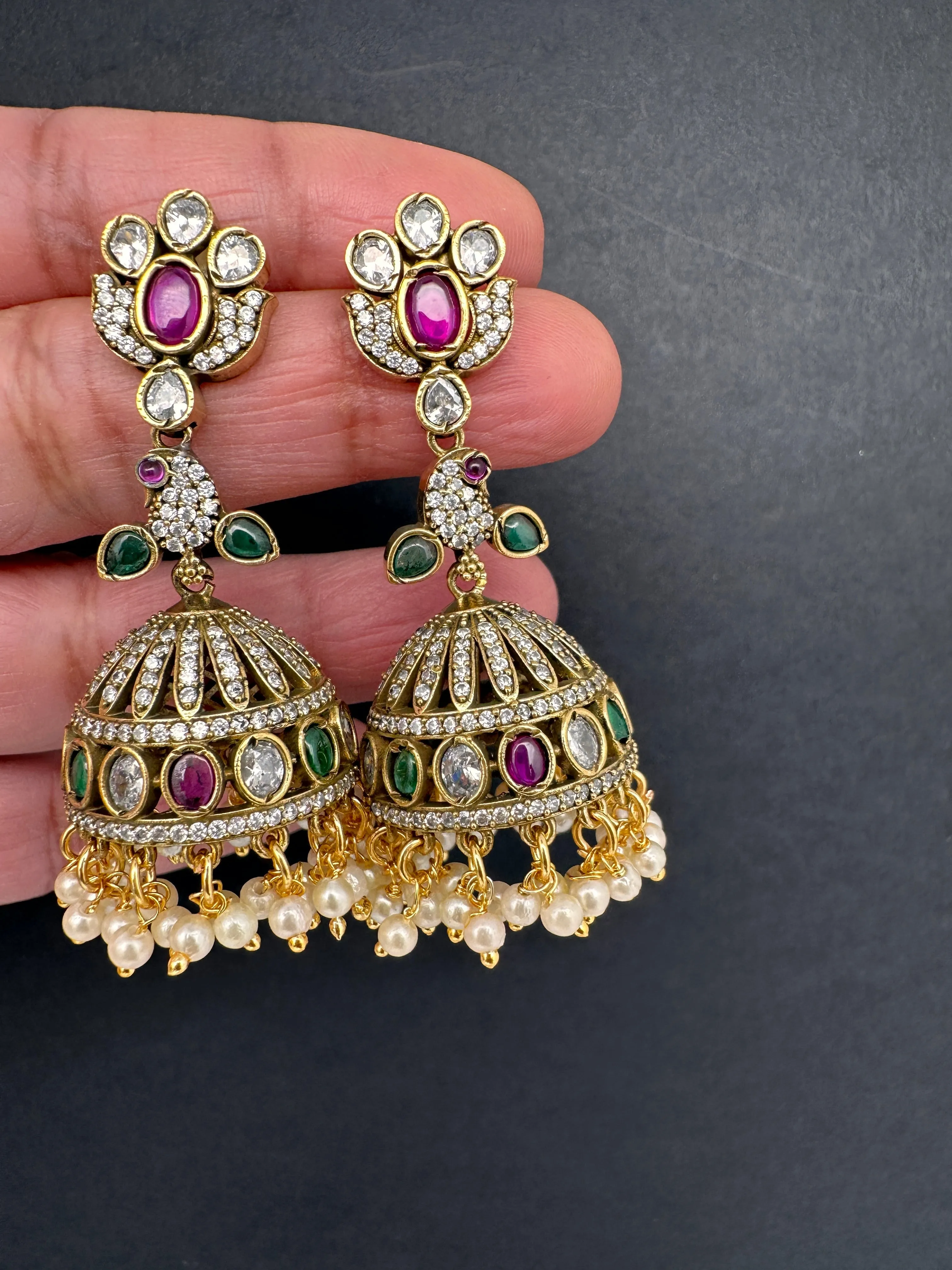 CZ Moissanite AD Peacock Victorian Jhumkas