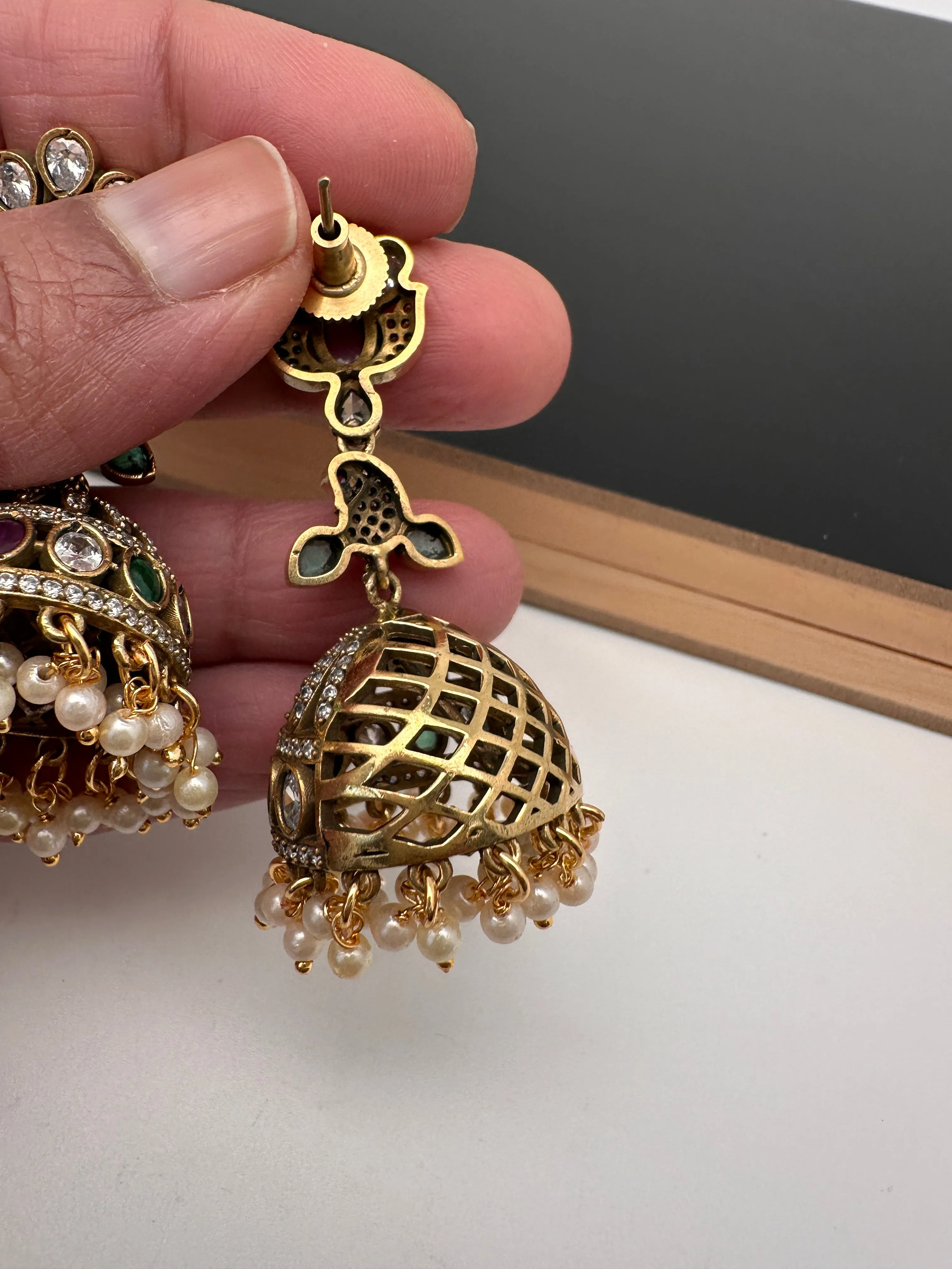 CZ Moissanite AD Peacock Victorian Jhumkas