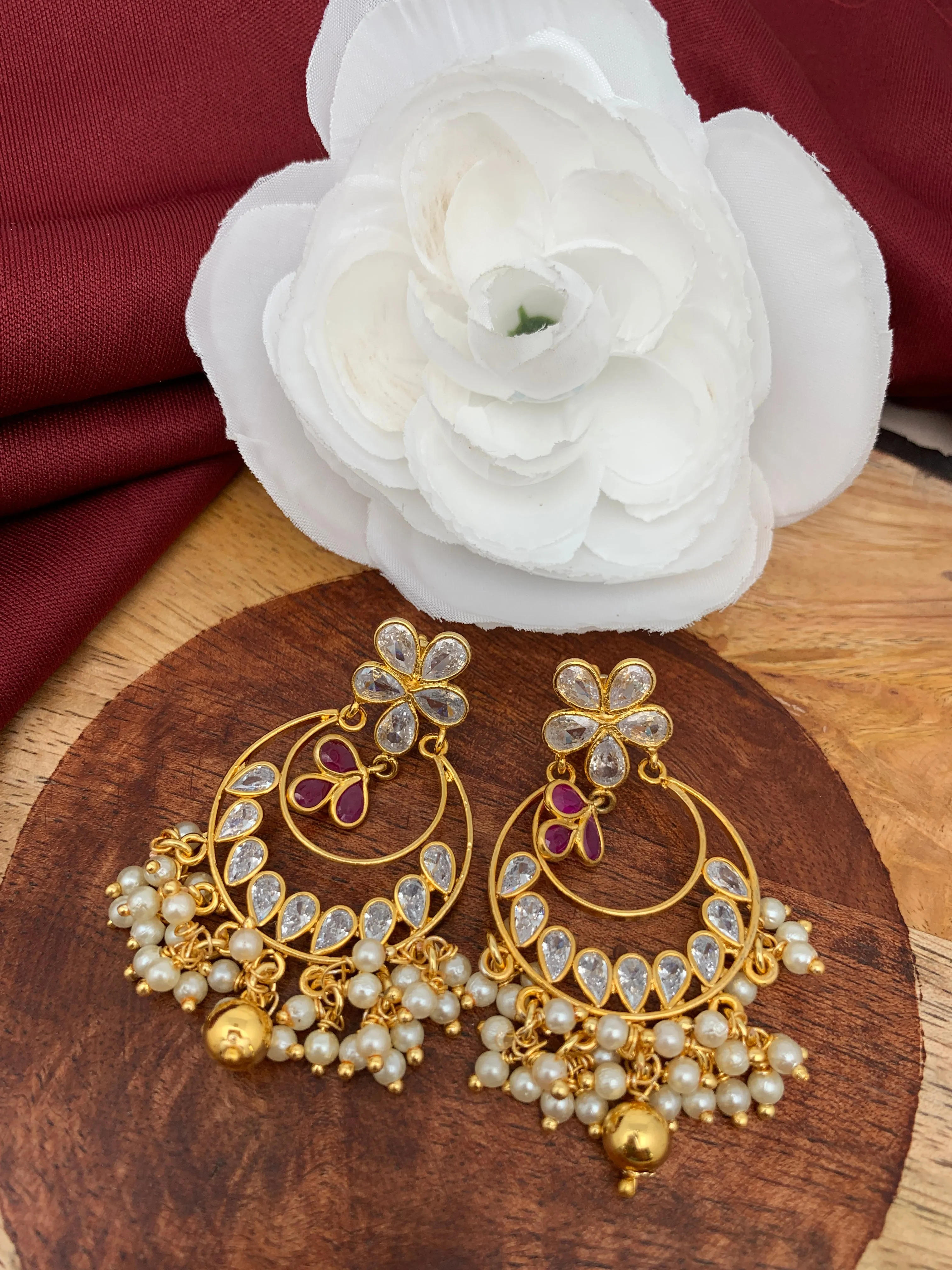CZ Red Pearls Chandbali