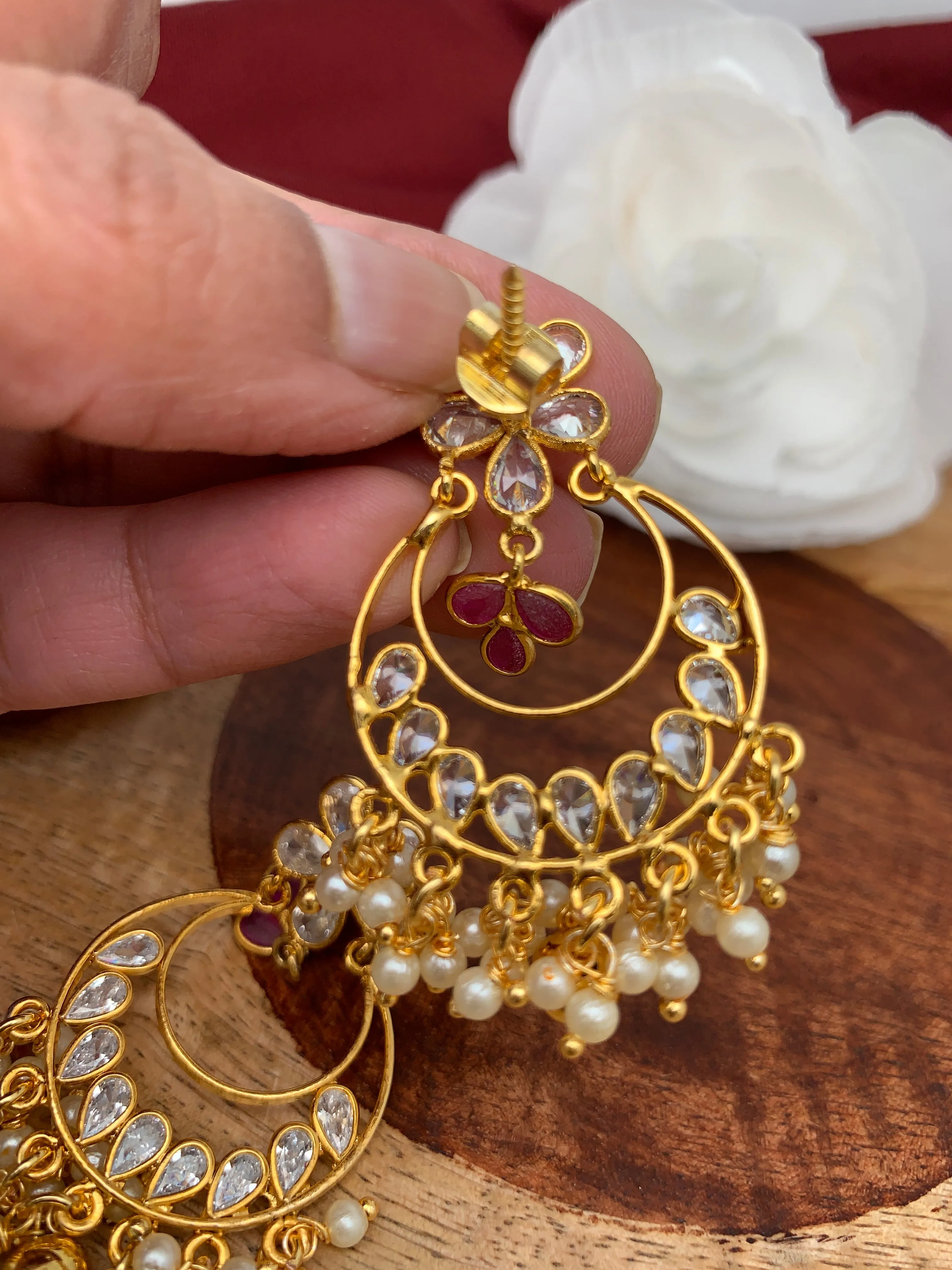 CZ Red Pearls Chandbali