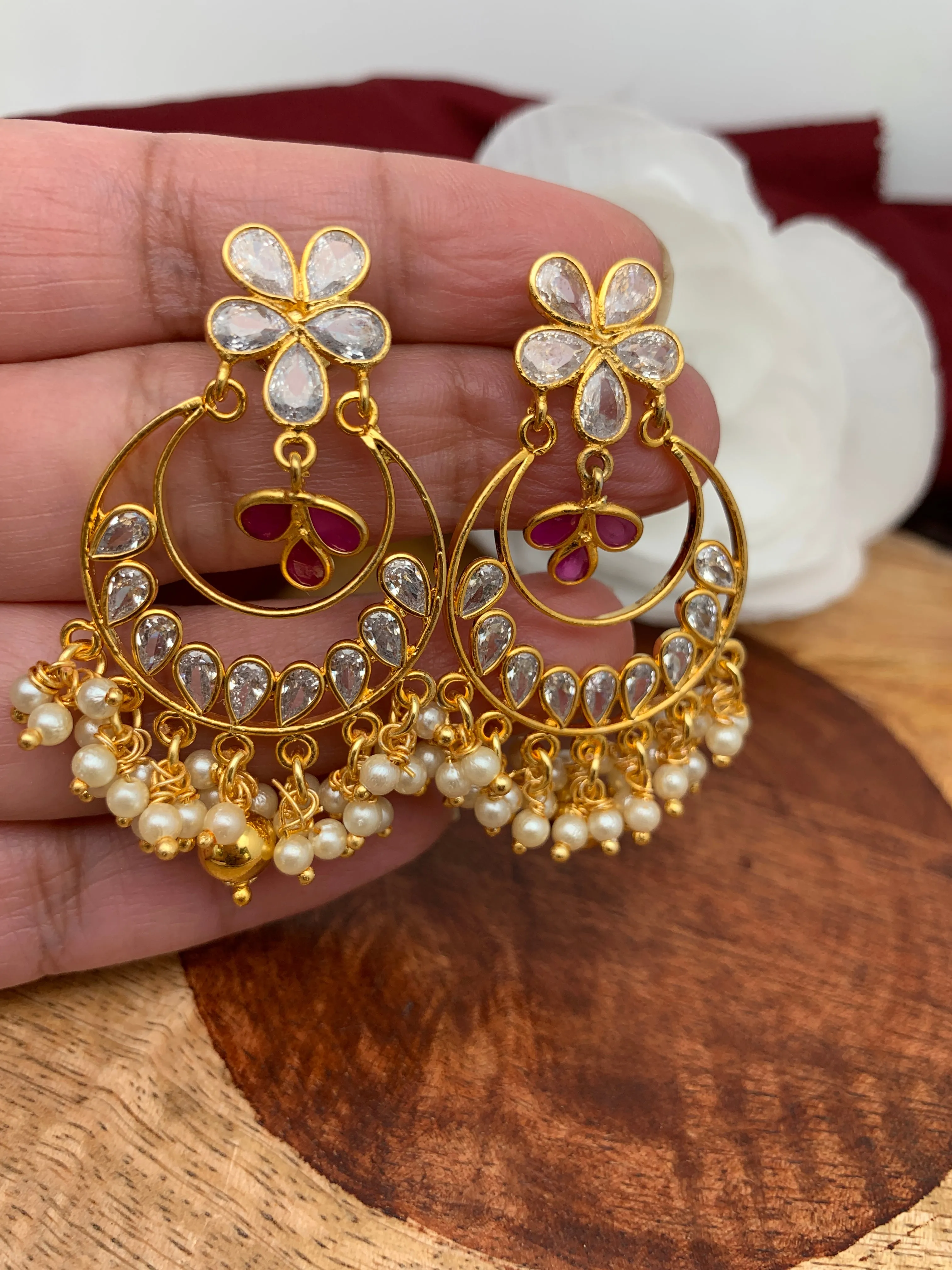 CZ Red Pearls Chandbali