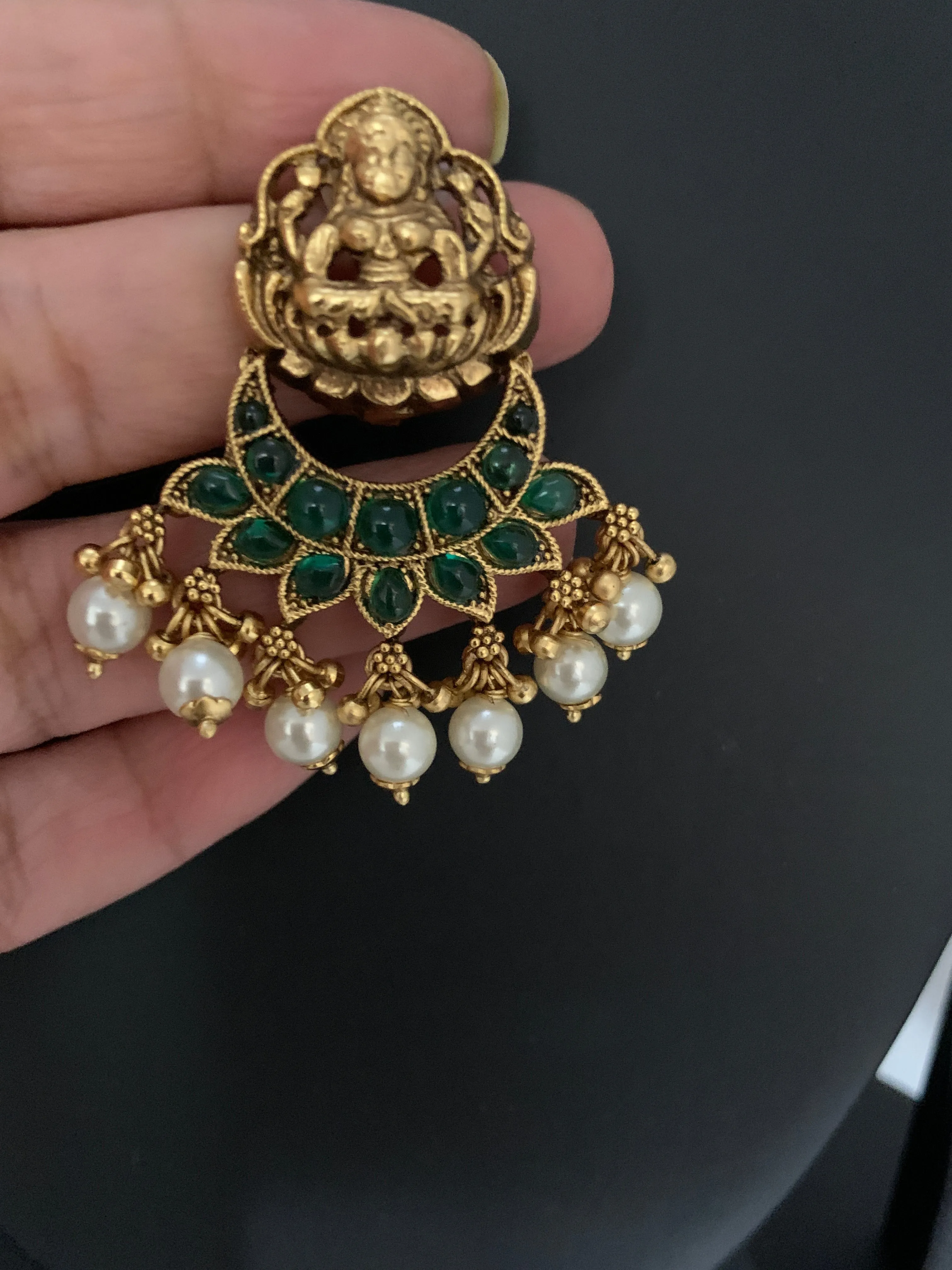 Goddess Lakshmi Green Kemp Pearl Matte Earrings