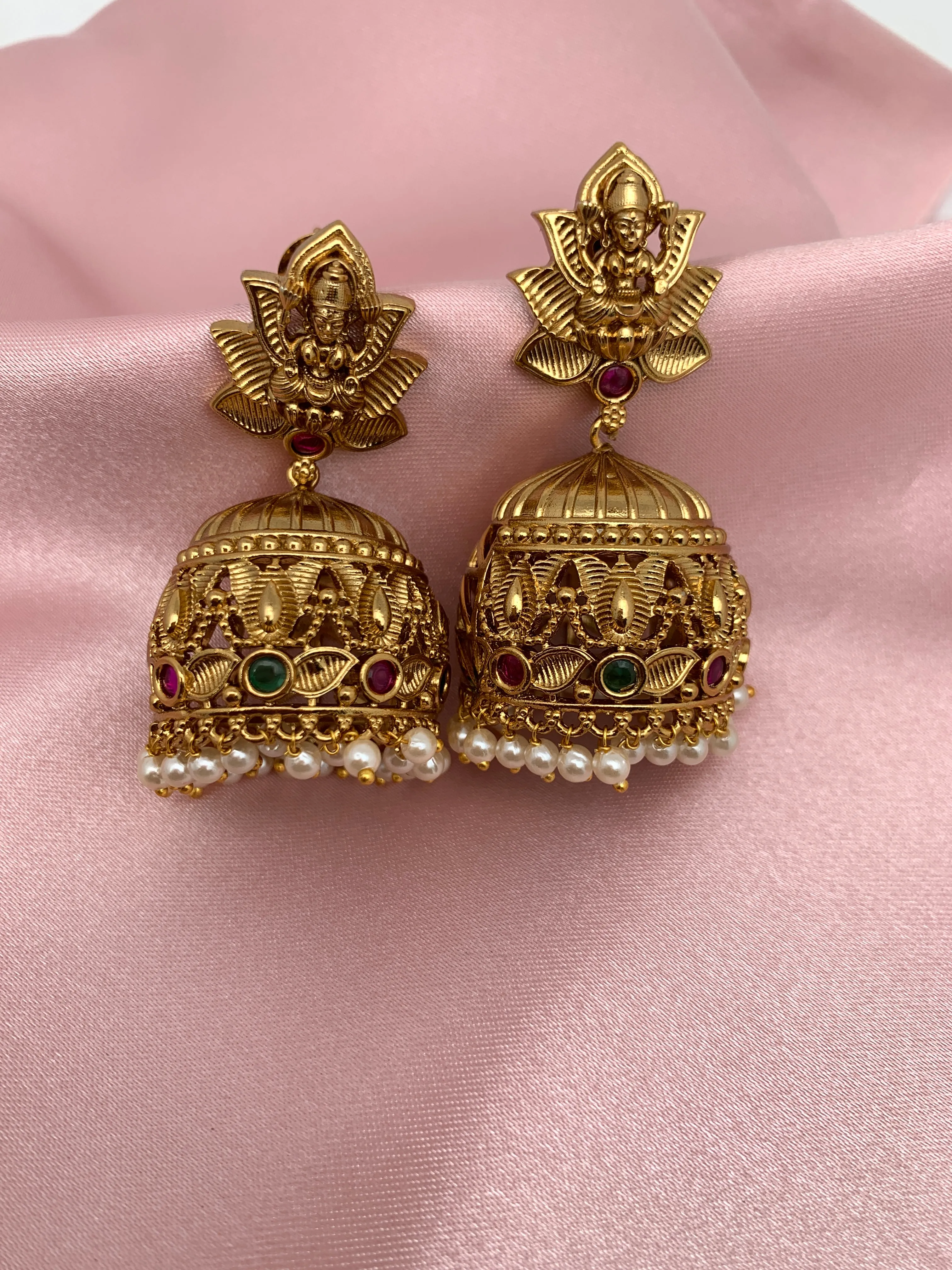 Goddess Lakshmi Red Green Multi Stone Matte Finish Jhumki