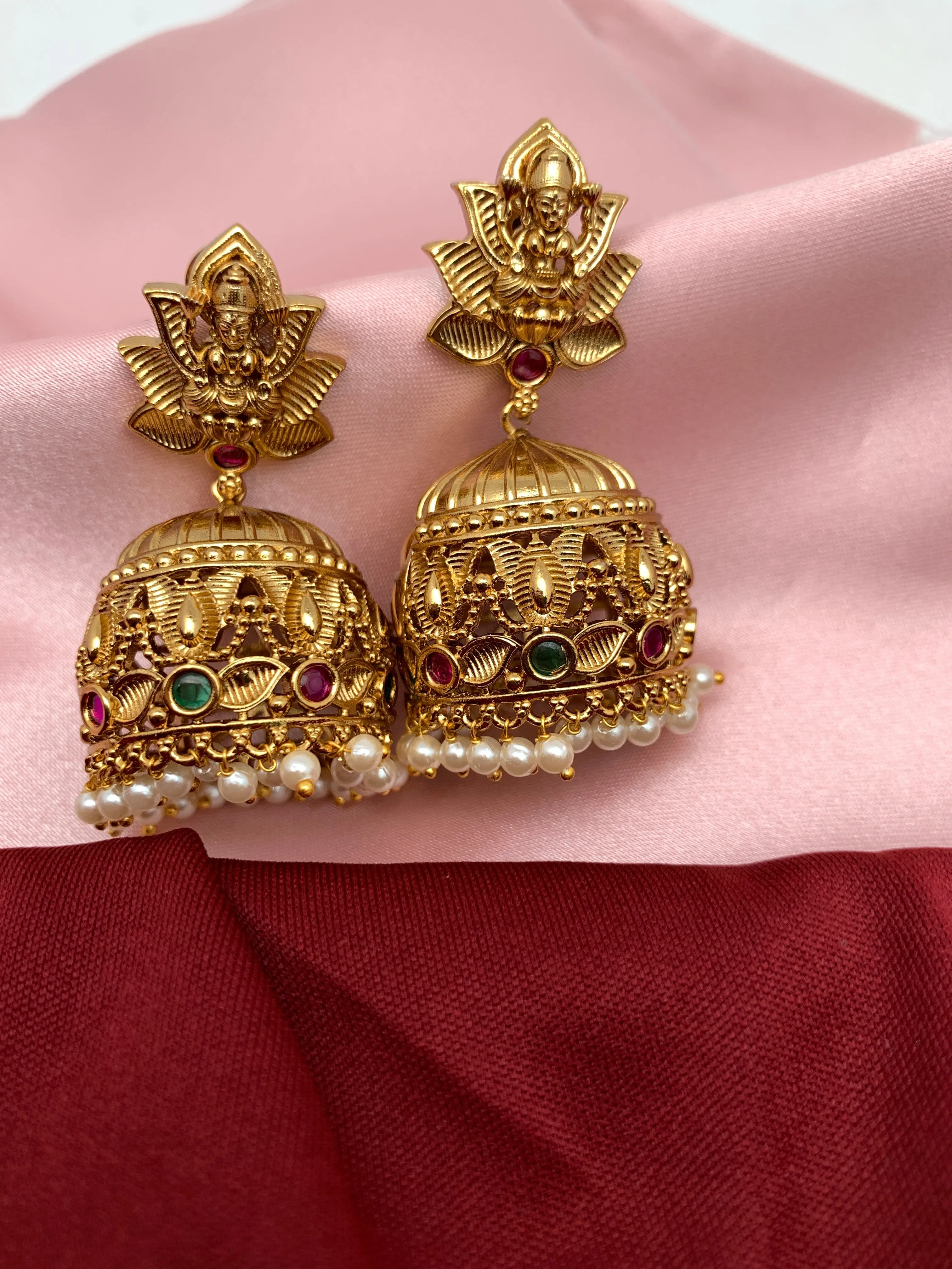 Goddess Lakshmi Red Green Multi Stone Matte Finish Jhumki