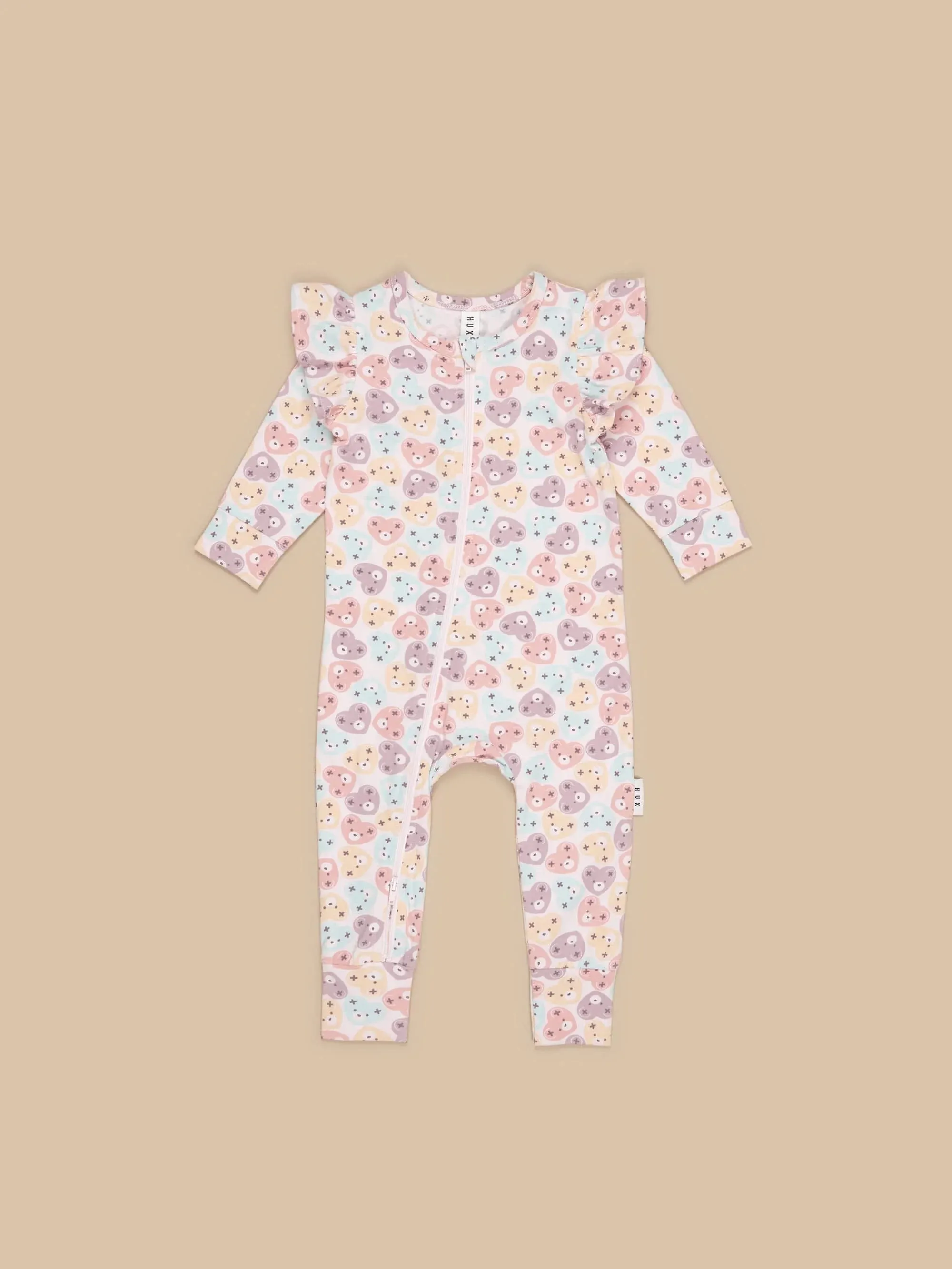 Heart bear zip romper for baby girl