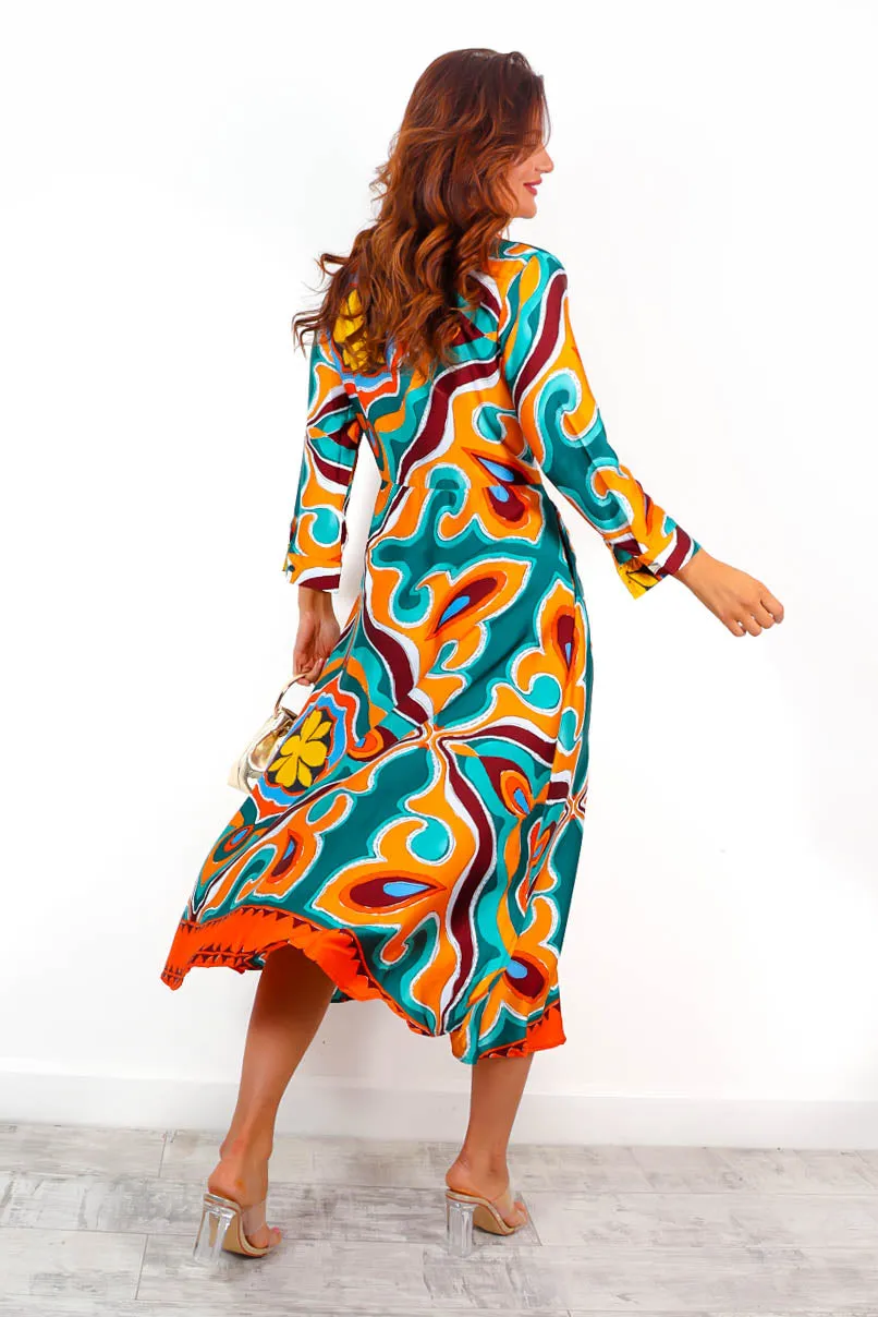 Hottie With Ambition - Orange Green Abstract Print Shirt Dress