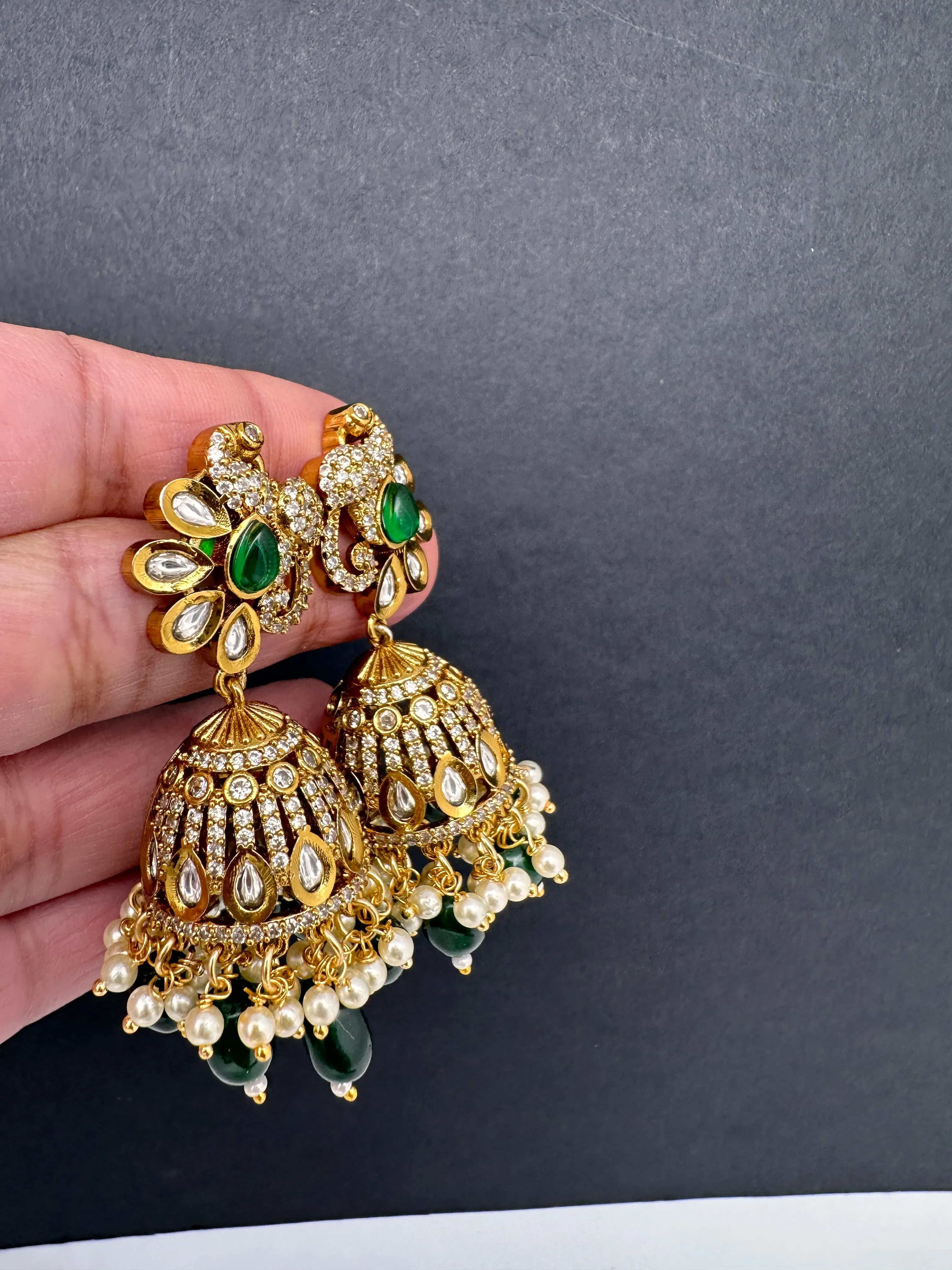 Kundan Moissanite AD Peacock Beads Jhumkas
