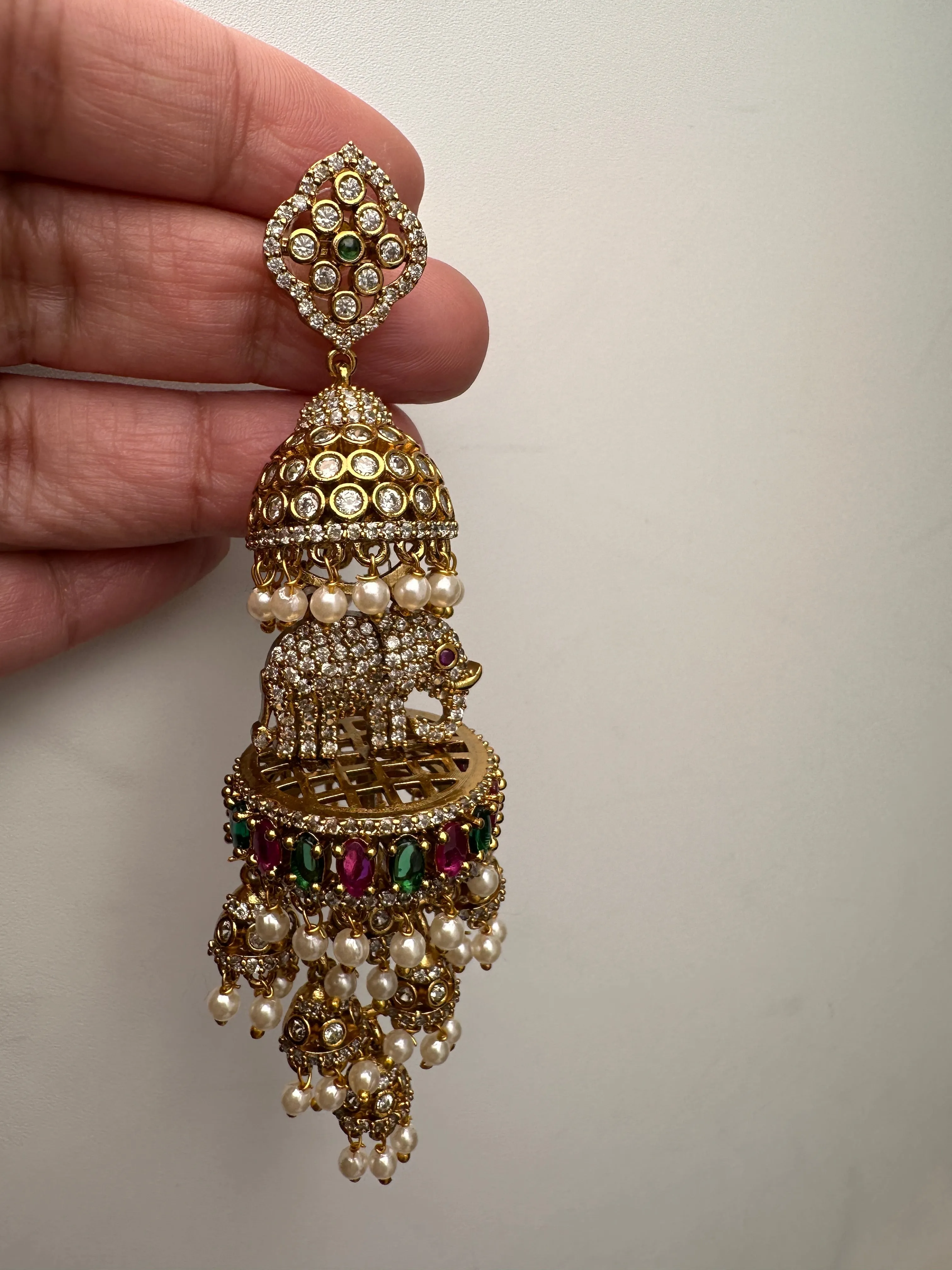 Matte CZ Elephant Multi Layer Long Jhumka Earrings