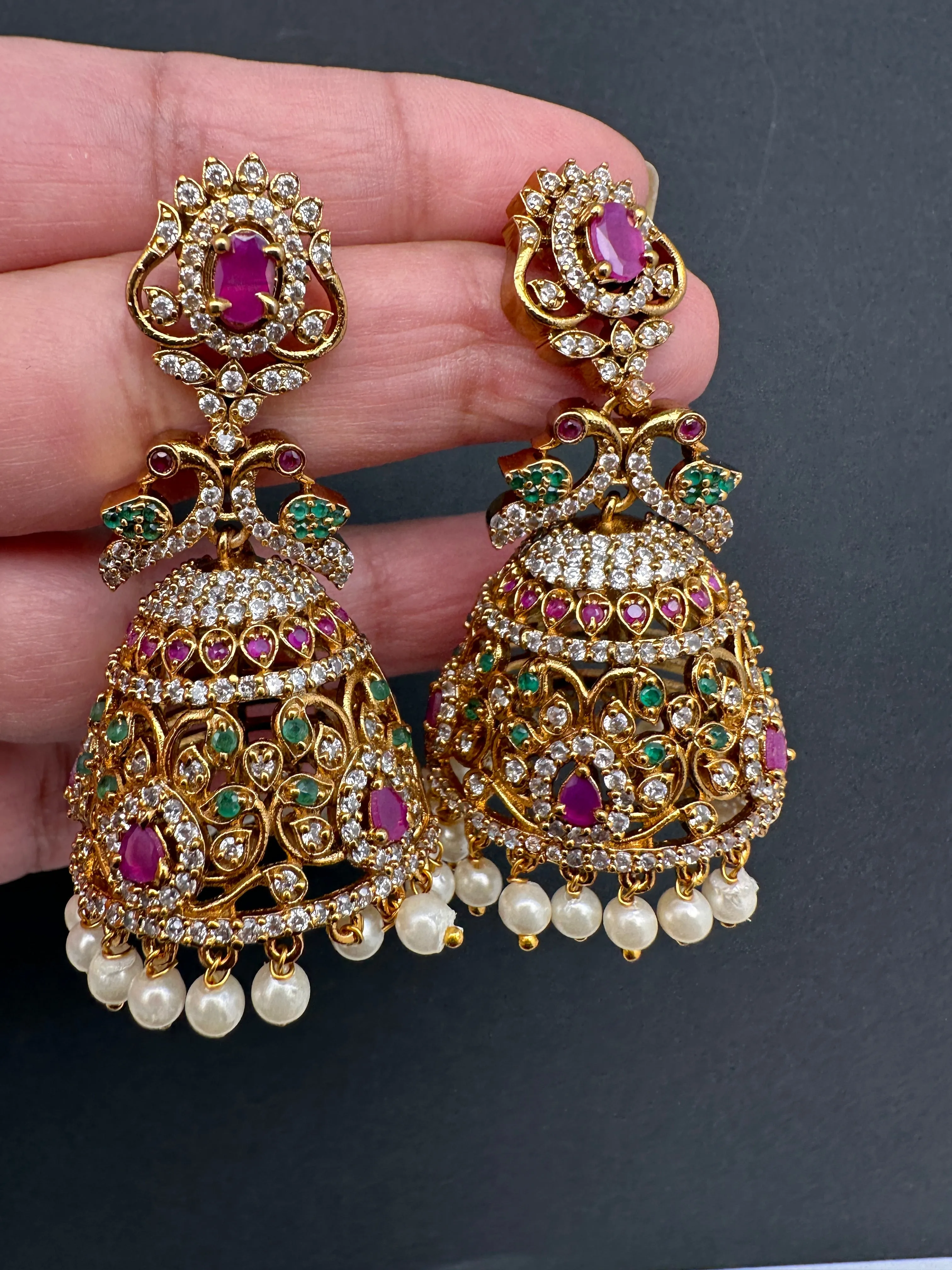 Matte Multi Stone Peacock Jhumki Earrings