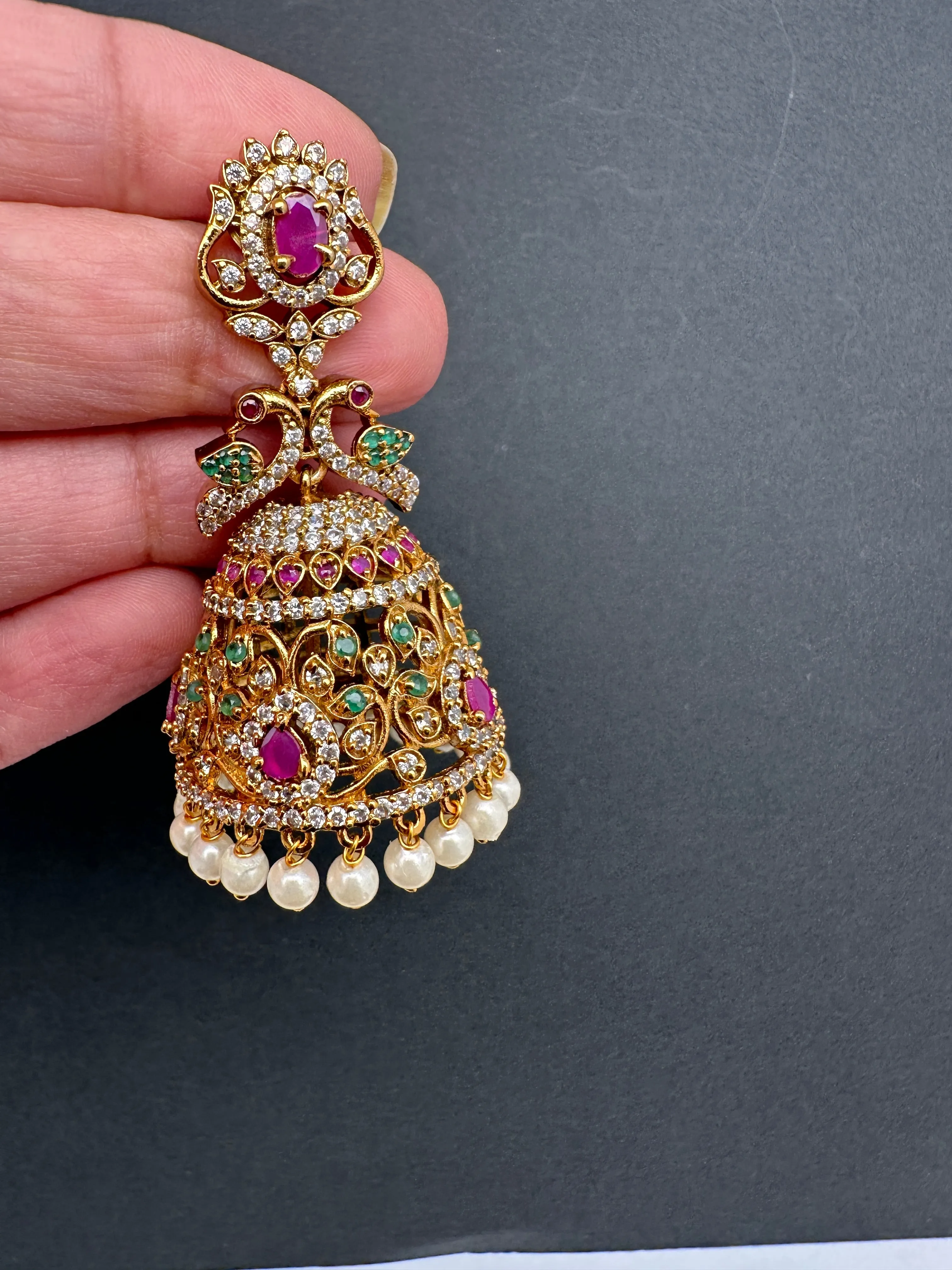 Matte Multi Stone Peacock Jhumki Earrings