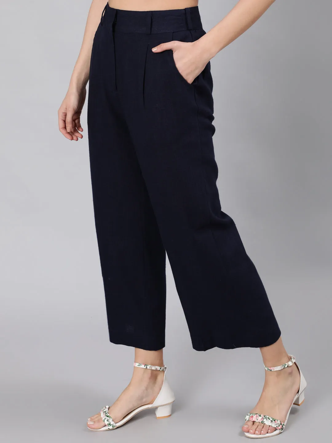 Navy Blue Cotton Slub Flared High Rise Parallel Pants