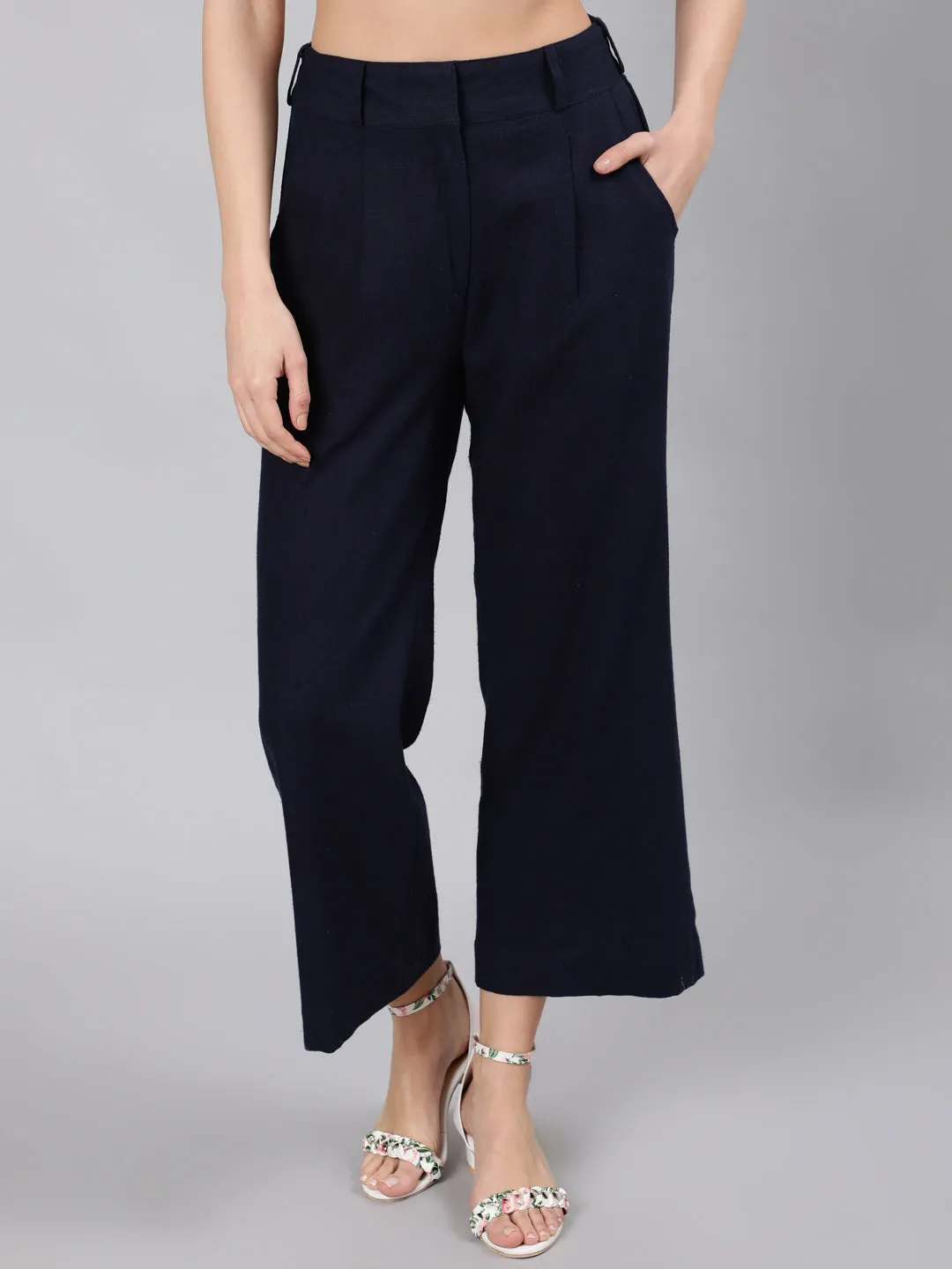 Navy Blue Cotton Slub Flared High Rise Parallel Pants