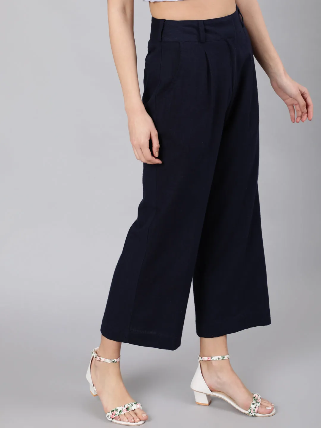 Navy Blue Cotton Slub Flared High Rise Parallel Pants