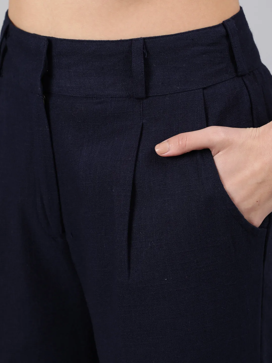 Navy Blue Cotton Slub Flared High Rise Parallel Pants