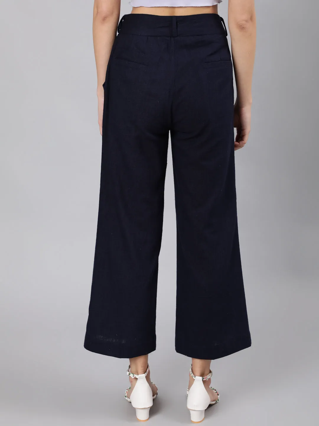 Navy Blue Cotton Slub Flared High Rise Parallel Pants