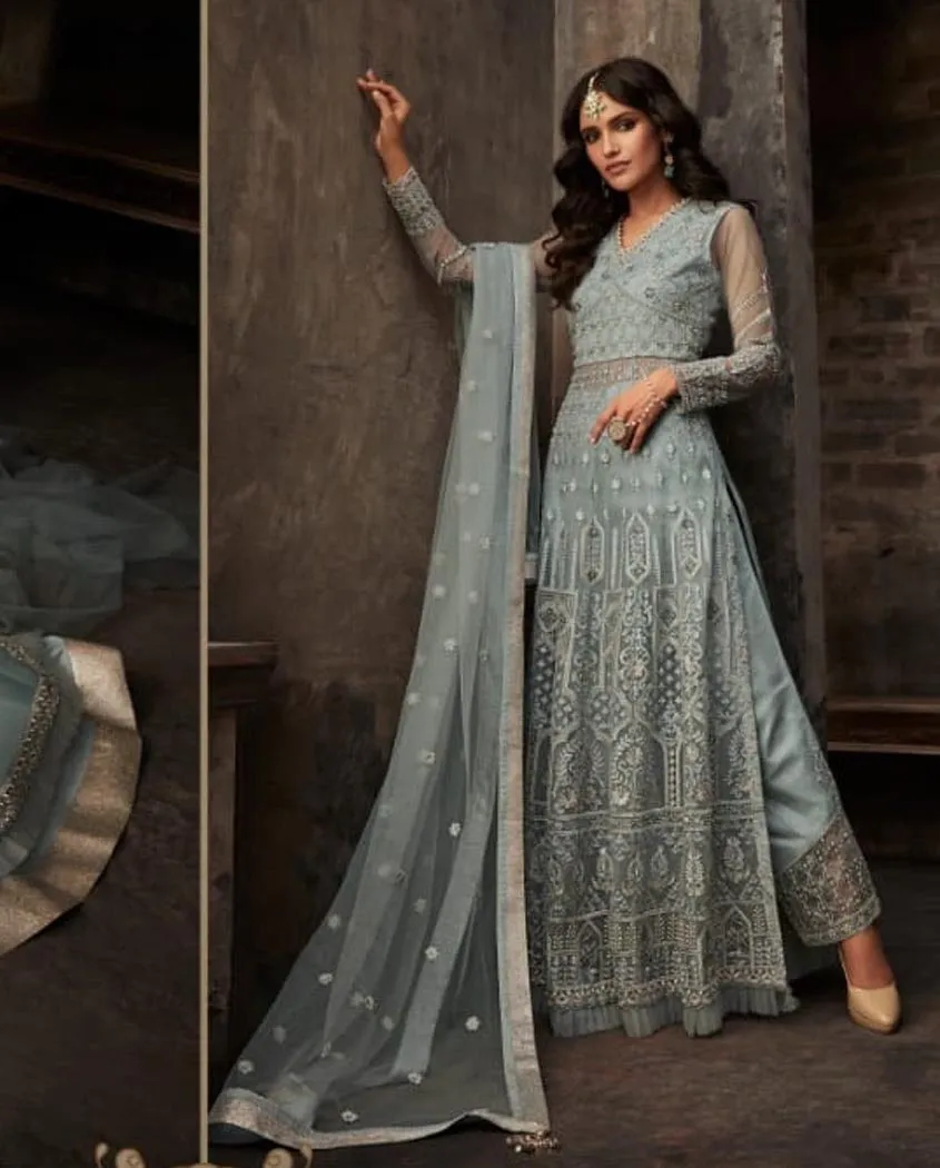 Pastel Blue Wedding Anarkali Lehenga/Pants Suit