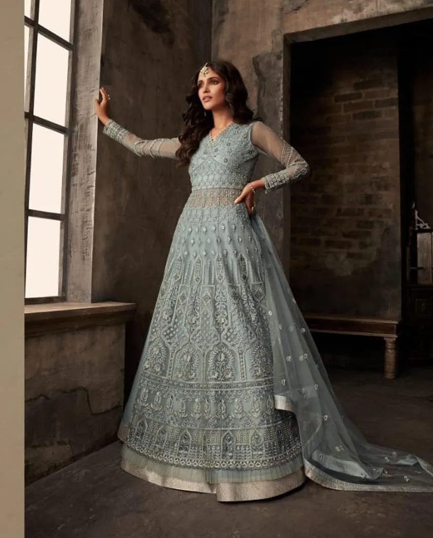 Pastel Blue Wedding Anarkali Lehenga/Pants Suit