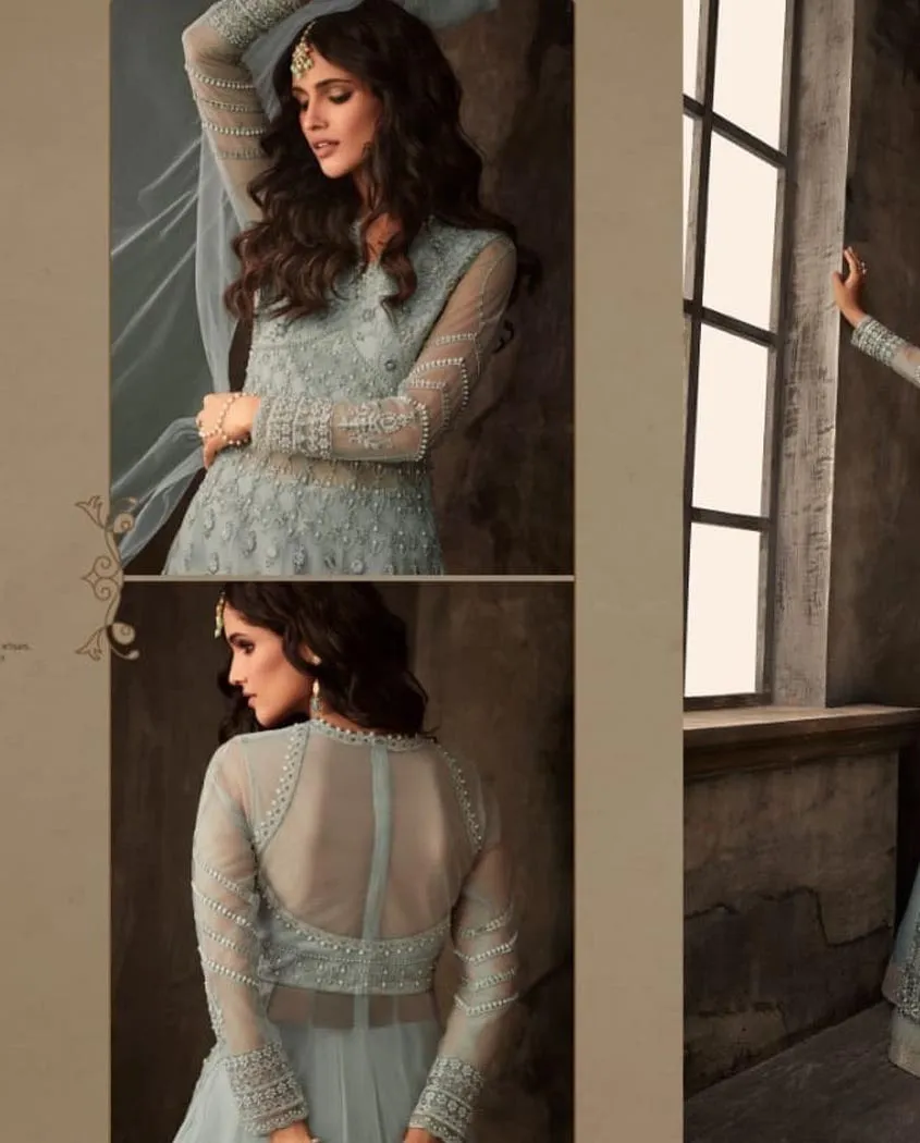 Pastel Blue Wedding Anarkali Lehenga/Pants Suit