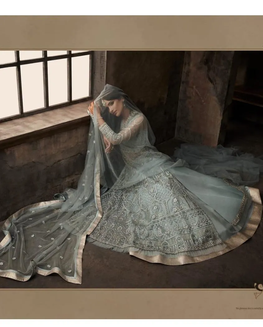 Pastel Blue Wedding Anarkali Lehenga/Pants Suit