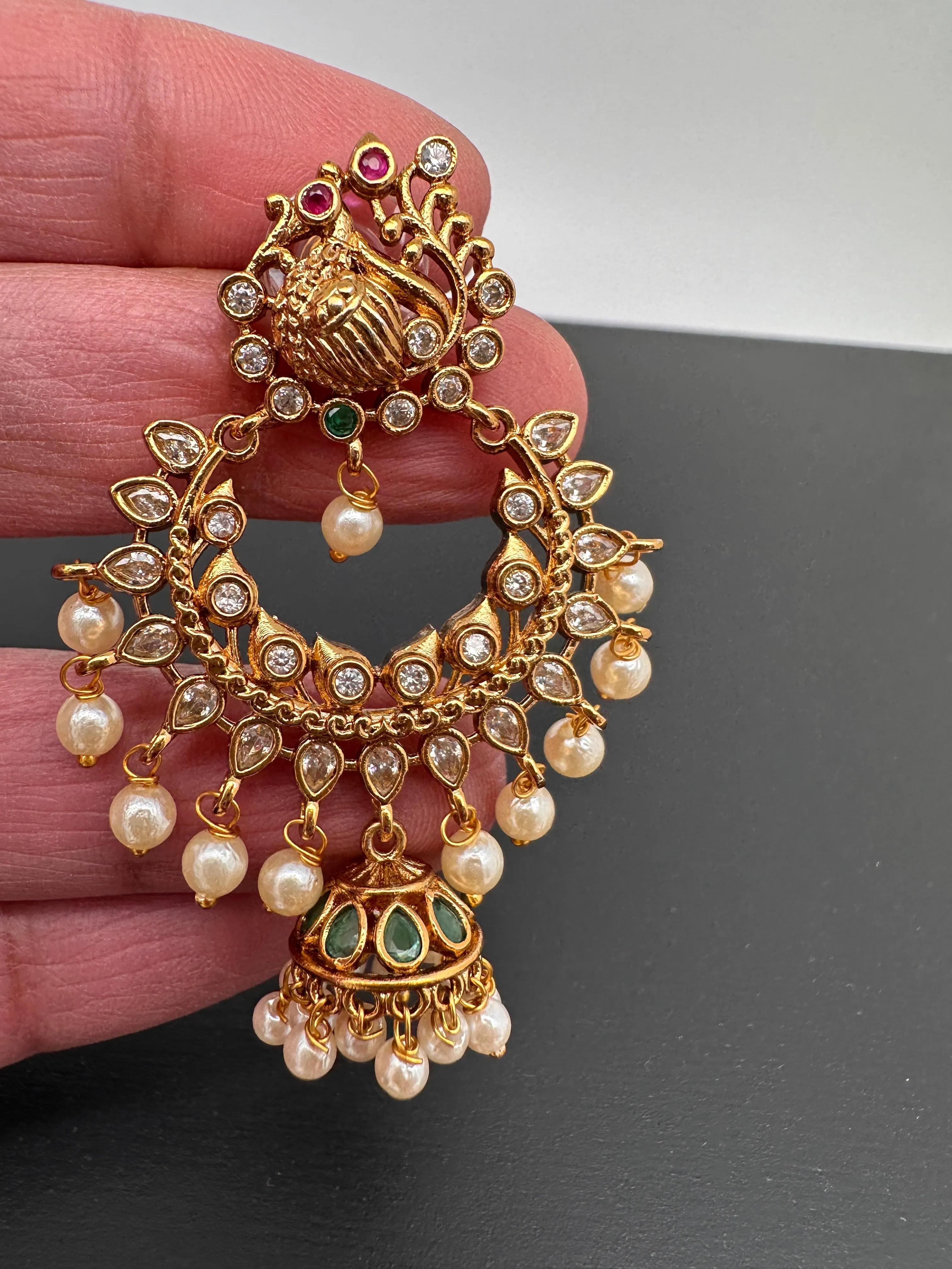 Peacock Pattern Matte Chandballi Jhumki Earrings