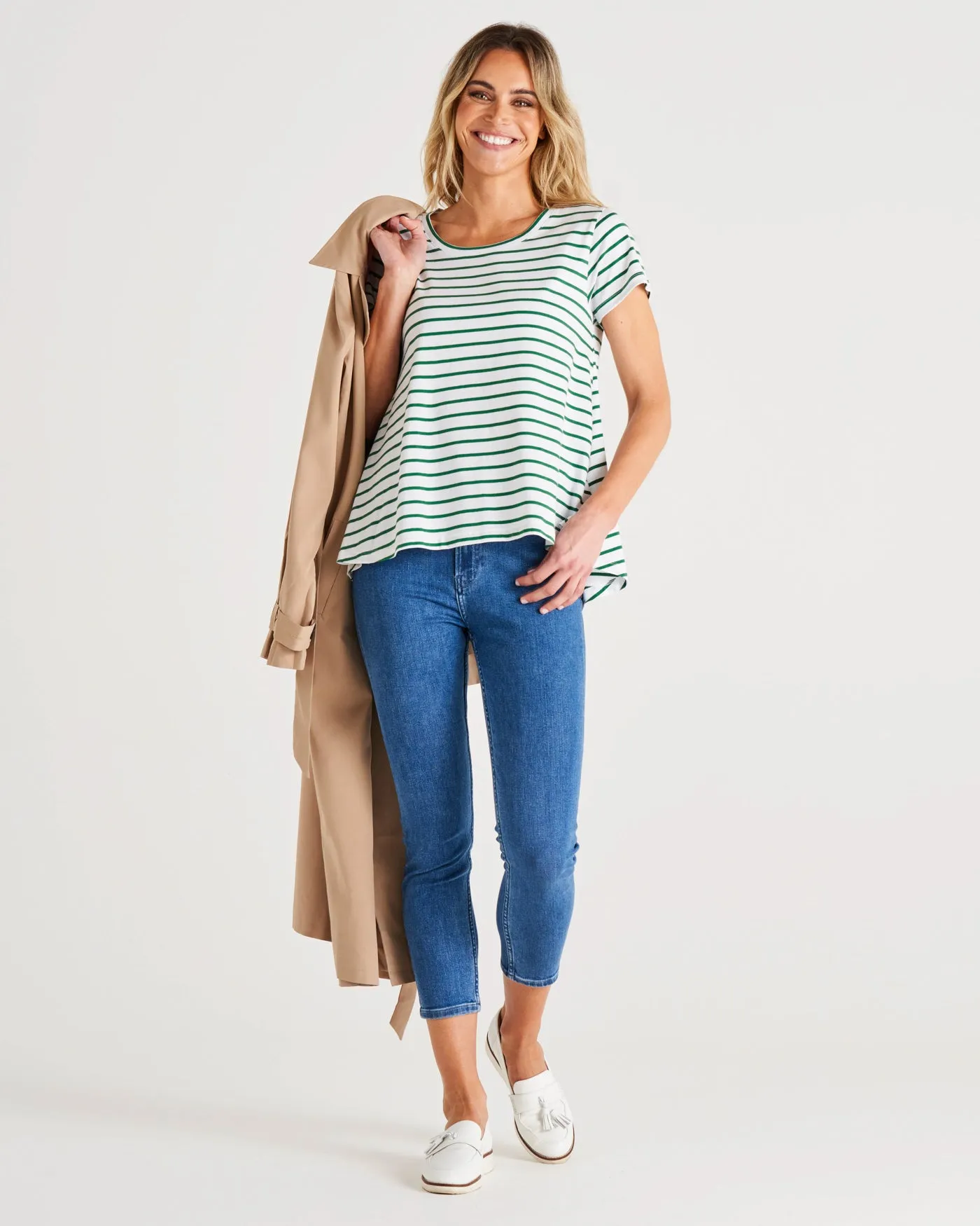 Tegan Relaxed Fit Swing Basic Cotton Tee - Meadow Green Stripe