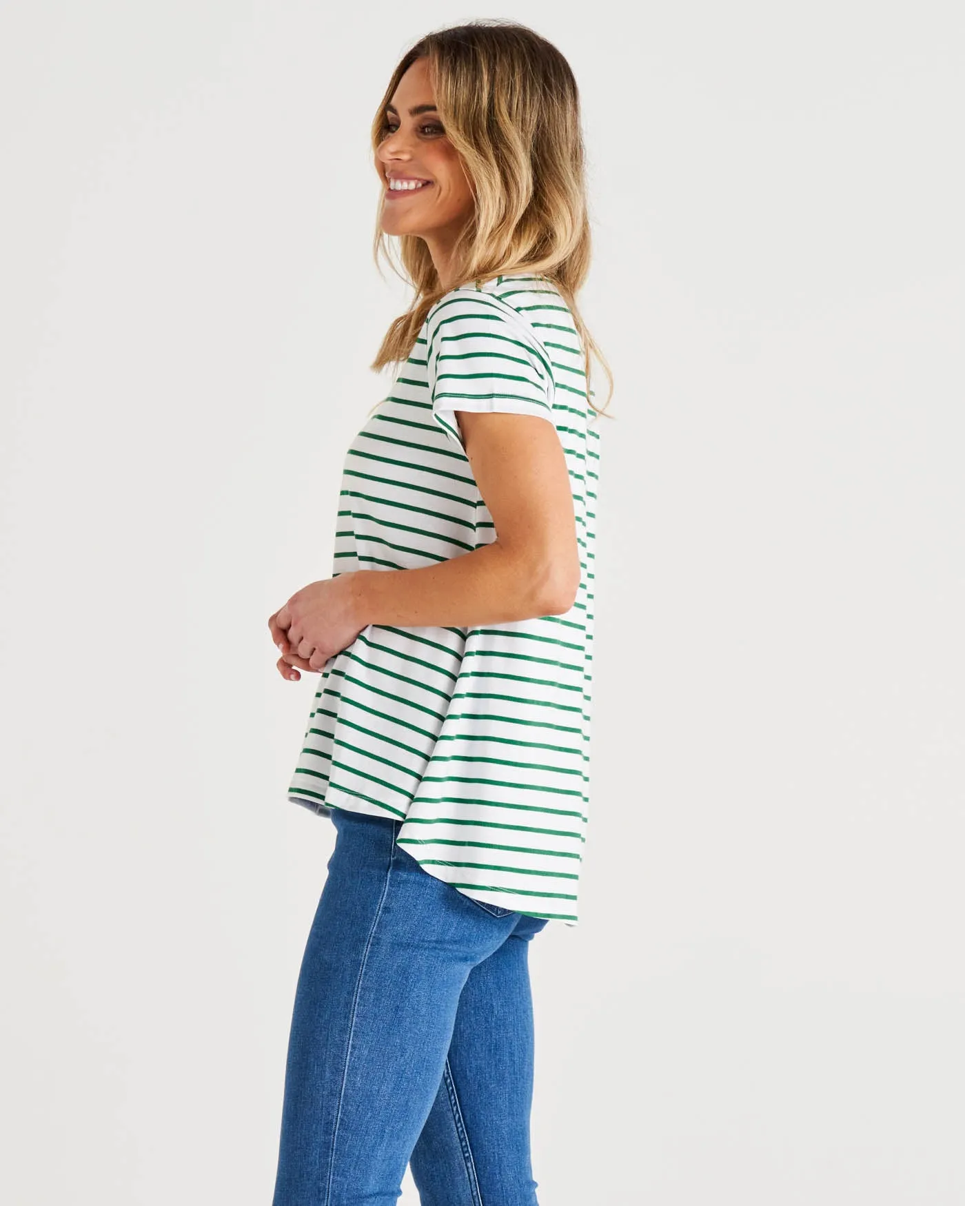 Tegan Relaxed Fit Swing Basic Cotton Tee - Meadow Green Stripe