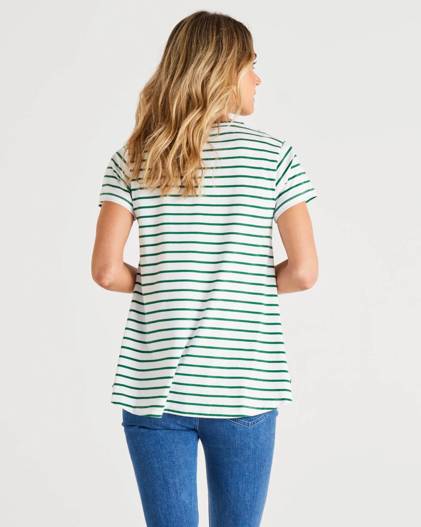Tegan Relaxed Fit Swing Basic Cotton Tee - Meadow Green Stripe